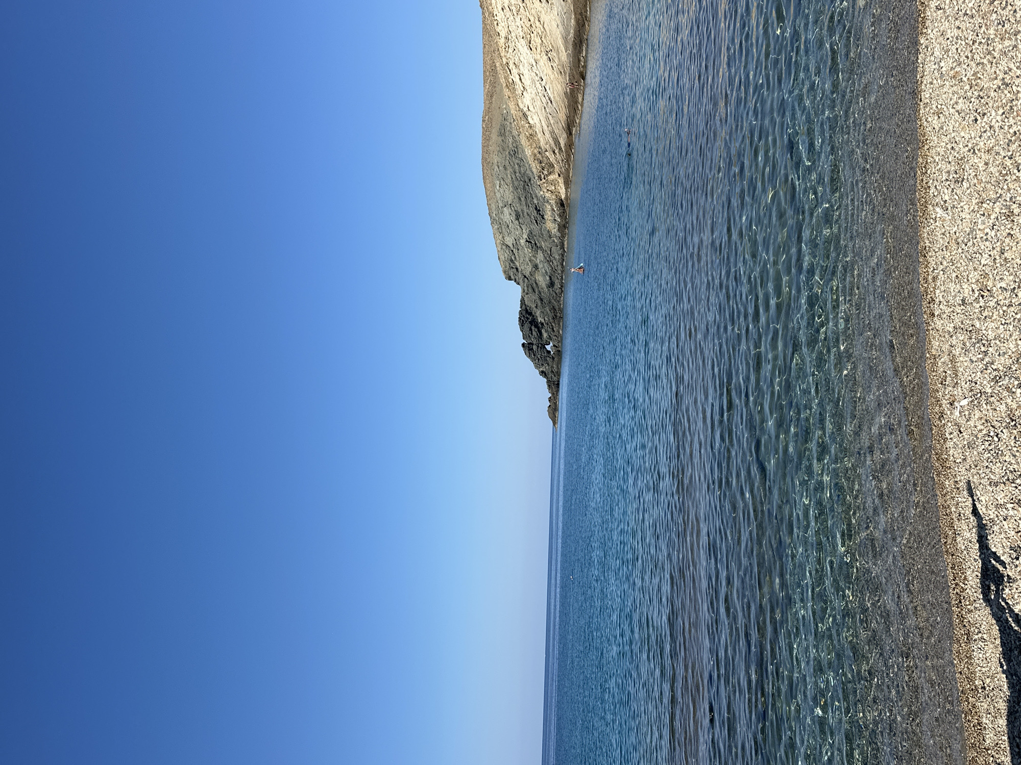 In Ano Mera, Greece, a serene coastal scene unfolds under a clear blue sky. The image captures a tranquil body of water meeting a rocky shoreline. The water, a brilliant azure, displays its clarity through the shimmering patterns of light on its surface, revealing the pebbled seabed beneath. Along the edge of the water, a beach composed of small, light-colored pebbles is visible, with the shadow of a person cast upon it.
Further out in the water, a few individuals are engaged in aquatic activities. One person is on a paddleboard, actively paddling. Another individual is seen snorkeling, their head submerged in the water. Two other figures appear to be swimming or wading in the sea. The background features a rugged, sun-drenched cliffside with varying shades of brown and grey rock formations. The horizon is a sharp line where the deep blue of the sea meets the expansive blue of the sky.