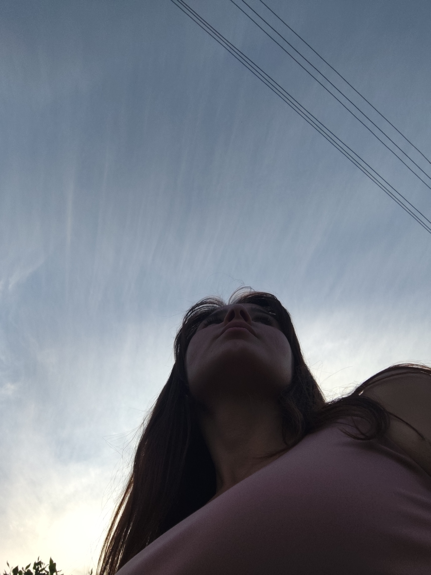 A low-angle, slightly underexposed shot focuses on a woman gazing upwards into a sky streaked with cirrus clouds and crossed by four electrical wires in the upper right. The woman has long, dark hair and wears a pink top. The foreground shows a small patch of greenery on the bottom left. The location is most likely a rural area with the presence of electrical lines, but without any more information it is impossible to verify if it is Фоки, Russia.