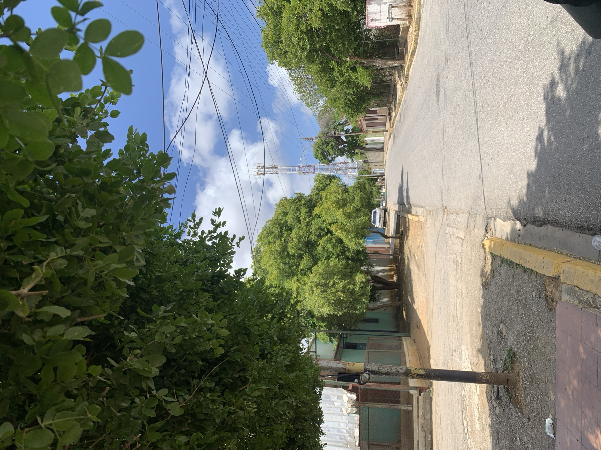 The image shows a street scene in Santa Ana, Venezuela. In the foreground, a tree with lush green leaves overhangs the left side of the frame, partially obscuring a view of a light-colored building and a chain-link fence. A wooden pole with yellow accents stands in the foreground on the left. The street is paved and slopes slightly uphill into the distance.
Several houses with various colored facades, some with visible windows and doors, line the right side of the street. In the middle ground, a tall telecommunications tower is visible against a bright blue sky with scattered white clouds. Power lines crisscross the sky above the street. A white car is parked on the left side of the street in the distance. Two figures, appearing to be people, are walking on the sidewalk in the distance on the left side of the street. The overall environment suggests a moderately populated urban area with some vegetation and infrastructure.