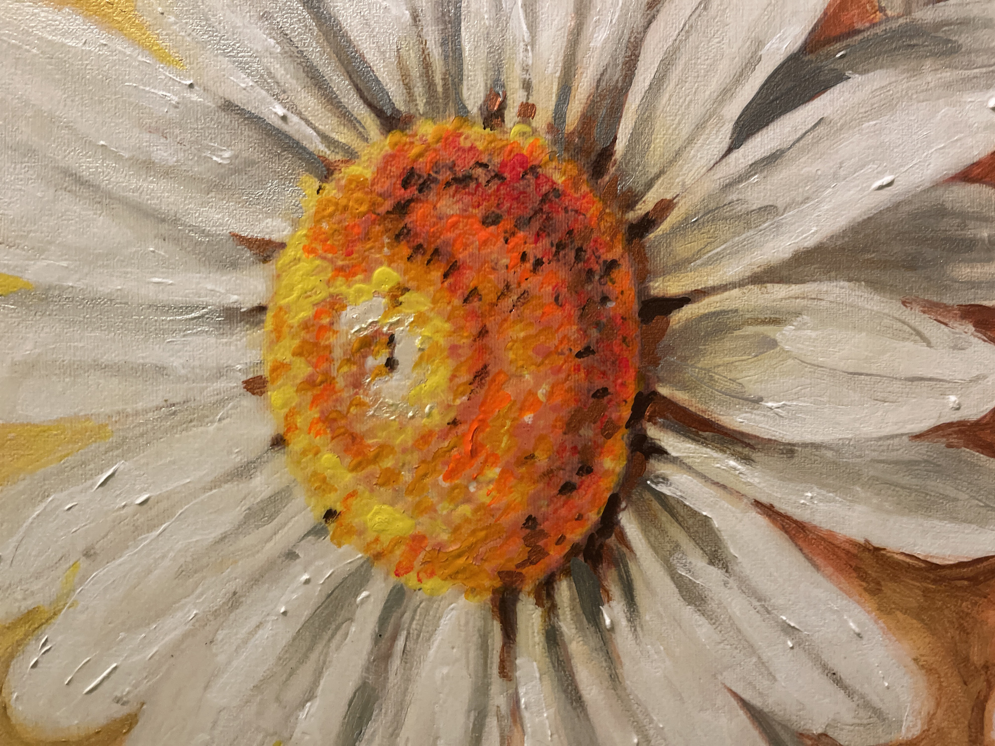 This is a close-up, textured oil painting of the center of a daisy. The flower's disc florets are a vibrant mix of yellow, orange, and red, with visible impasto brushstrokes creating a rough, tactile surface. The ray florets are predominantly white with subtle gray and brown undertones, also rendered with thick paint. Some white highlights and small dots of paint suggest dew drops or texture. The background is softly blurred, with hints of yellow and white, suggesting light or more petals. The painting style is impressionistic, focusing on color and texture rather than sharp detail. There is no context provided to link this image to Minsk, Belarus.