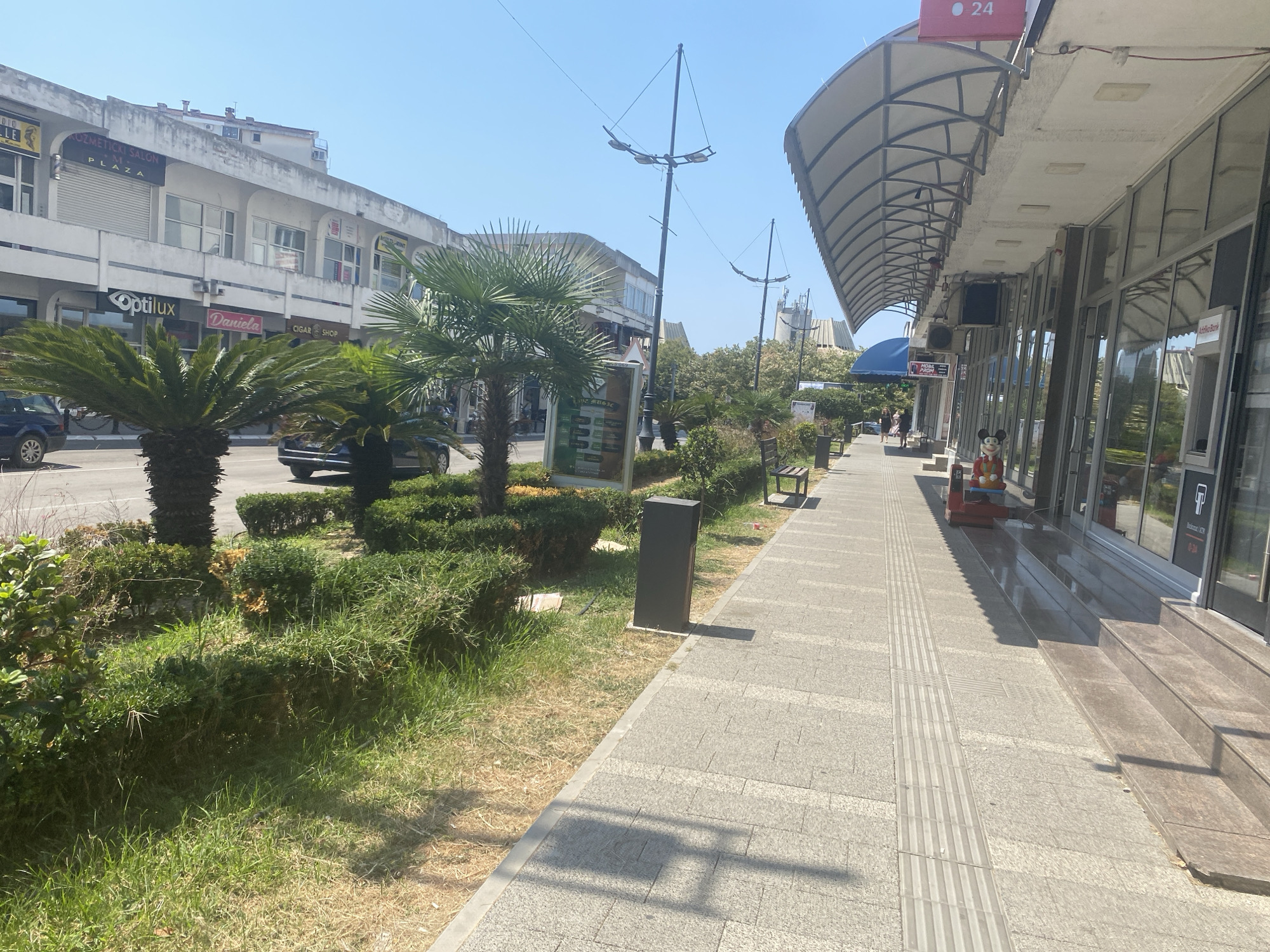 The image shows a street scene in Bar, Montenegro, with a sidewalk in the foreground running alongside a building with storefronts. The building has a modern facade with large glass windows and an overhang supported by a metal frame. Above the windows, there are signs for various businesses, including "Optilux," "Daniela," and "Cigar Shop." In front of the building, there is a row of potted palm trees and manicured bushes. The sidewalk is paved with gray tiles and has tactile paving for visually impaired pedestrians. A dark-colored trash receptacle is visible on the sidewalk. In the background, there are streetlights and more buildings, some with balconies. The sky is clear and blue, suggesting a sunny day. Two cars are parked on the street to the left of the sidewalk. A figure, possibly a person, is partially visible near a red object with a Mickey Mouse figurine on top, located on the sidewalk.