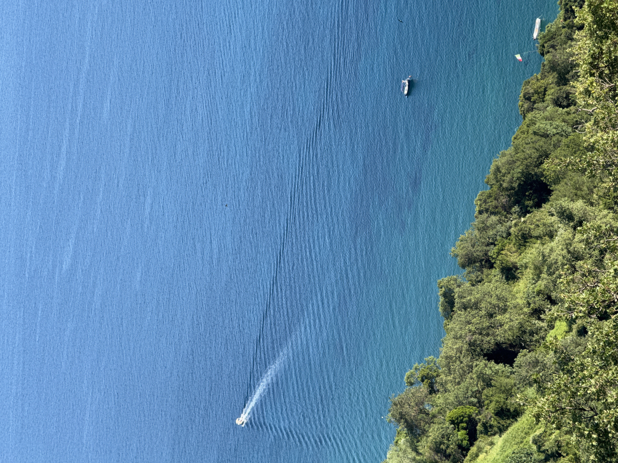 This is an aerial, high-angle, full shot of the Adriatic Sea near Seoce, Montenegro, on a clear, sunny day. The foreground is dominated by a lush, green hillside densely covered with trees and vegetation. The hillside slopes down to the vibrant blue and turquoise waters of the sea.
In the water, two boats are visible. The first, a small white motorboat, is closer to the shore, trailing a white wake as it moves from left to right across the frame. The second boat, a white vessel with a dark canopy, is anchored further out in the sea, appearing smaller due to the distance. A small Italian flag is seen flying from a pole near the shoreline. The sea exhibits ripples and waves, with a distinct color gradient from a lighter turquoise near the shore to a deep blue further out. The sky above is a uniform, bright blue, with no clouds visible. The overall impression is one of a tranquil coastal scene.