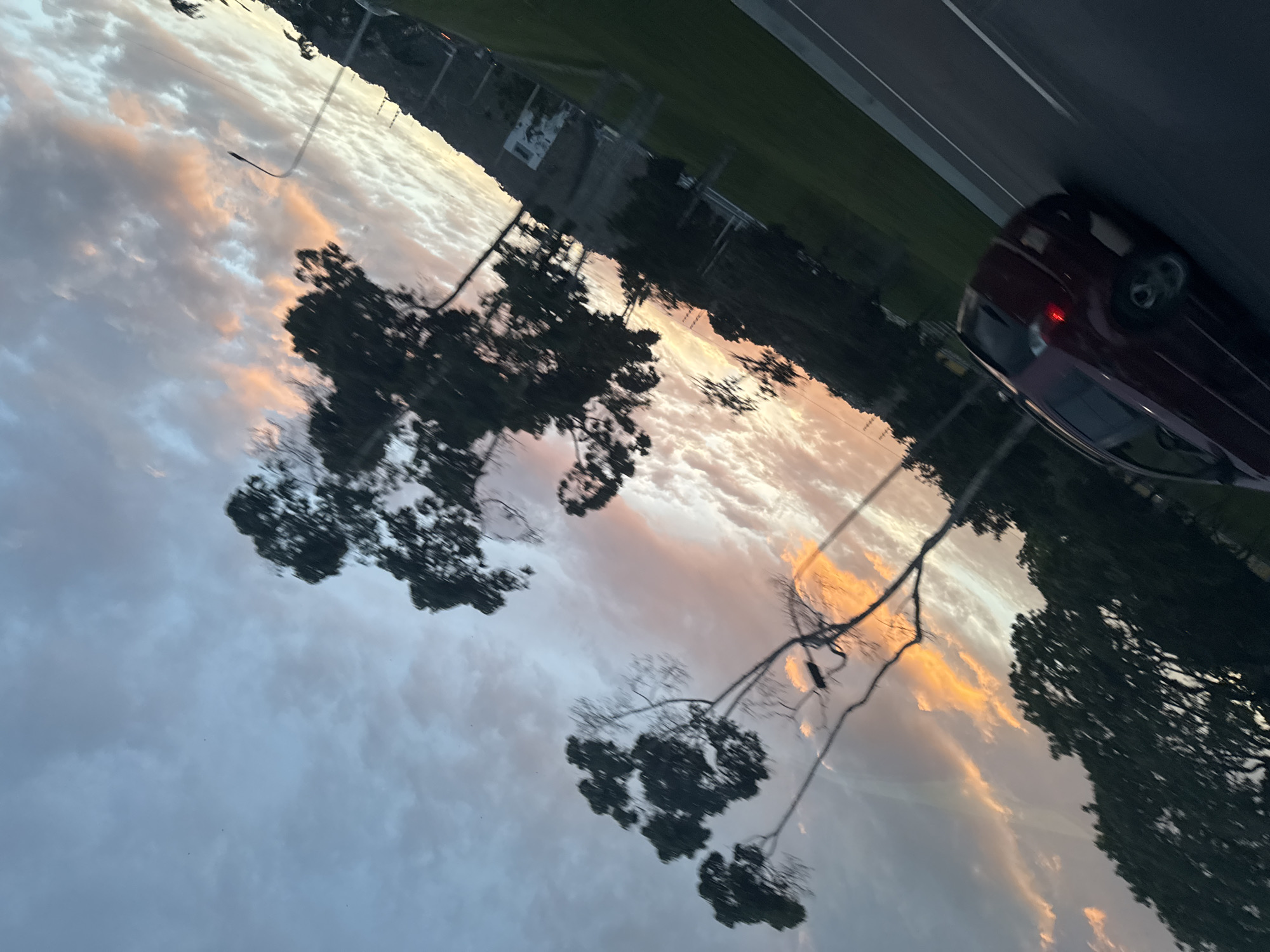 A maroon-colored car is parked on the side of a road. Above and around the car, trees are visible against a sky filled with clouds, some of which are tinted orange, suggesting it is either sunrise or sunset. The location appears to be Caracas, Venezuela, based on the possible vegetation and urban setting, but this is not explicitly confirmed in the visual information.