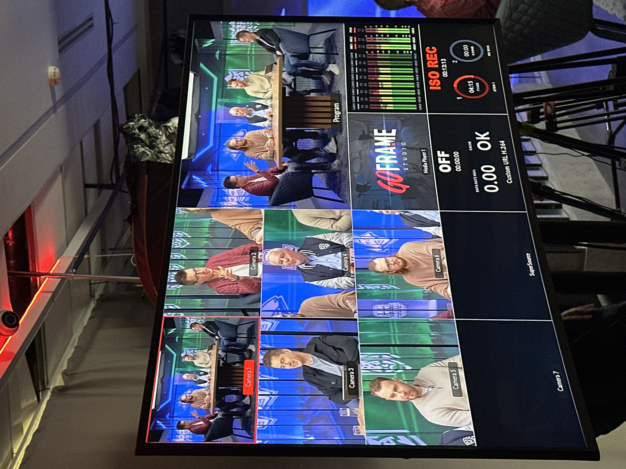 Here is a detailed description of the image:
**Scene:** The image shows a multi-monitor display, seemingly from a live video production or broadcast setup.
**Display Contents:**
* **Grid of Camera Feeds:** The majority of the display is occupied by a grid of camera feeds, labeled as "Camera 1" through "Camera 7", and a "Super Source". Several cameras are focused on a group of people sitting around a table. The first camera is highlighted by a red outline, meaning it is on air.
* **Program Feed:** Above the camera grids is the main "Program" feed, showing the active camera view of the people seated at the table.
* **Audio Meters:** To the right of the program feed is a column of vertical audio meters, possibly indicating levels for different audio channels.
* **Media Player:** Below the program feed is a graphic logo that says "Goframe Studio."
* **Recording Information:** There are elements related to recording status, labeled as "ISO REC" with timing information, data rate, and media storage information.
**Objects:**
* The primary object is the multi-monitor display itself.
* Visible behind and around the monitor are parts of the studio or control room - structures, wiring, and possibly other equipment.
* The seating arrangement around a table suggests a talk show or panel discussion.
**People and Actions:**
* Several people are visible in the camera feeds. They are seated at a table, possibly engaged in a conversation or broadcast. Their postures suggest a formal or professional setting.
**Environment:**
* The environment appears to be a professional studio or control room.
**Location:** The brand "GoFrame Studio" is featured on the screen, so this could be the actual location of the studio. No city or state is given.