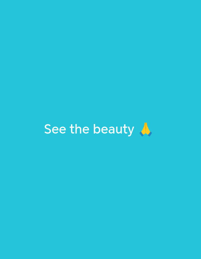 The image is a simple digital graphic with a solid bright cyan background. Centered on the graphic are the white words "See the beauty" followed by a yellow praying hands emoji. The graphic is not located in the city of Stavropol, Russia; it is a digital image without any specific geographic context. There are no people, objects, actions, or interactions depicted in the image.