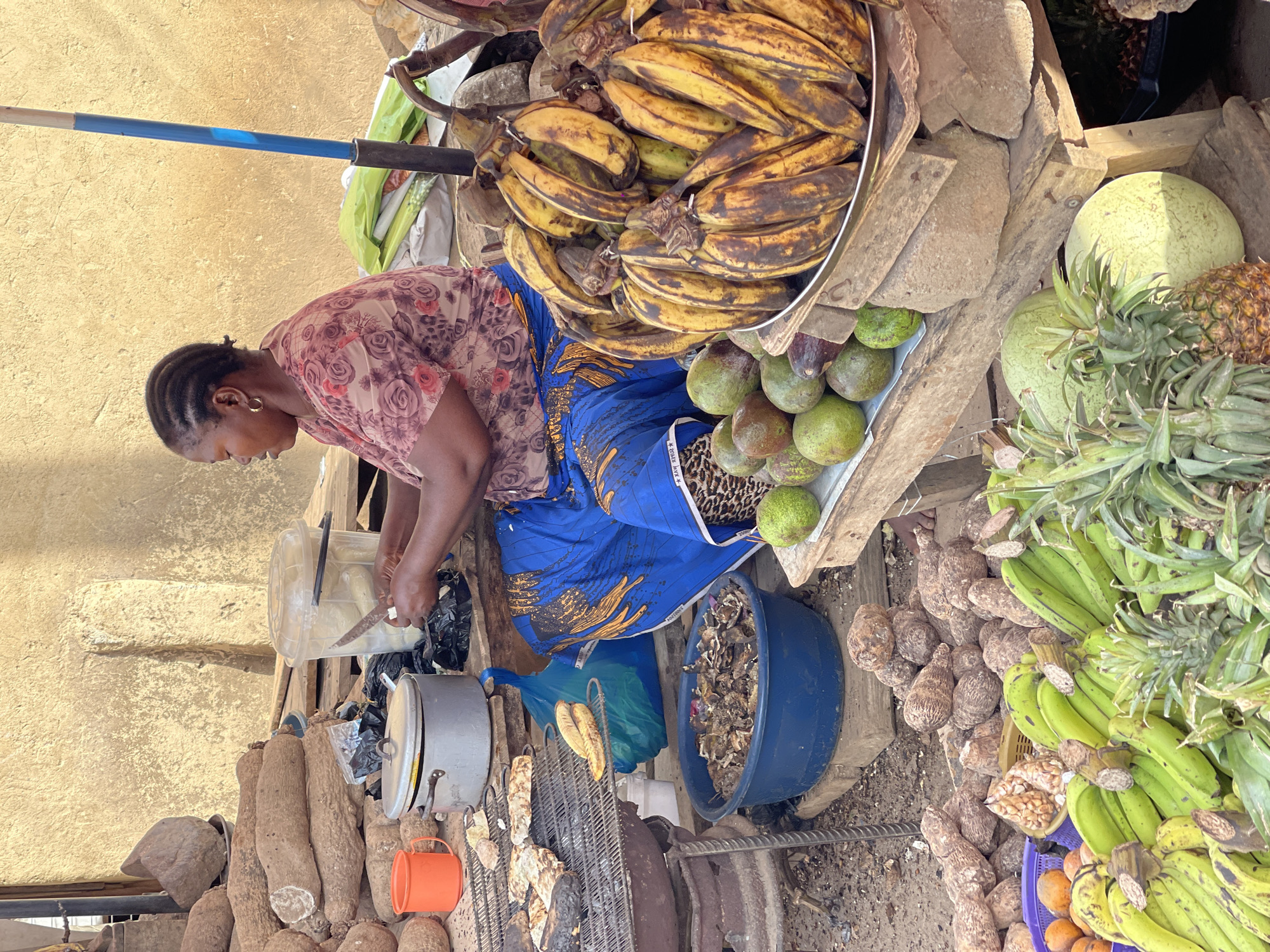 An outdoor market stall in Kuchingoro, Nigeria, is captured under bright daylight. The primary subject is a woman with dark, braided hair and a gold hoop earring, dressed in a floral short-sleeved top and a blue patterned skirt with faint text on its border, possibly indicating a fabric brand. She is leaning forward, focused on an activity involving a clear plastic container, a knife, and a black plastic bag, suggesting she is preparing or packaging goods.
The stall is laden with a variety of fresh produce. To her right, a large silver basin overflows with ripe bananas, many showing brown spots. Below these are several avocados, some appearing in a wooden crate. Further right, large green watermelons and pineapples with leafy crowns are visible. A substantial pile of green plantains sits beside these.
To the woman's left and in front of her, the ground is covered with numerous brown, elongated root vegetables, likely yams or taro. Nearby are metal pots, an orange plastic cup, and a metal grill holding what appear to be pieces of roasted plantain or other grilled food items. A blue plastic bag and a large blue basin filled with what looks like discarded husks or refuse are also present. The stall itself is constructed with wooden planks and supports. The ground appears to be dirt or sand. The overall scene depicts a vibrant, informal market setting with an array of locally sourced food items.