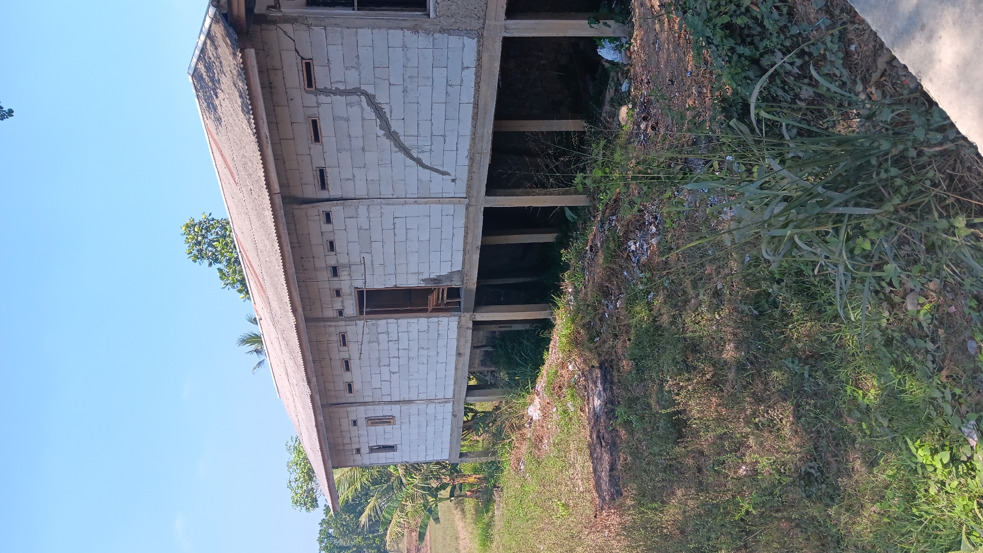 A weathered, unfinished, single-story building constructed from cinder blocks stands on stilts under a clear blue sky in Jonggol, Indonesia. The building has a corrugated metal roof and appears to be in a state of disrepair, with a visible crack running diagonally across the front wall. The structure is surrounded by overgrown vegetation, including tall grass and various plants, with some scattered debris visible in the foreground. A palm tree is visible to the left of the building. The ground is uneven and covered with a mix of grass, leaves, and small stones. The overall scene suggests a rural or semi-rural setting, possibly on the outskirts of the city.