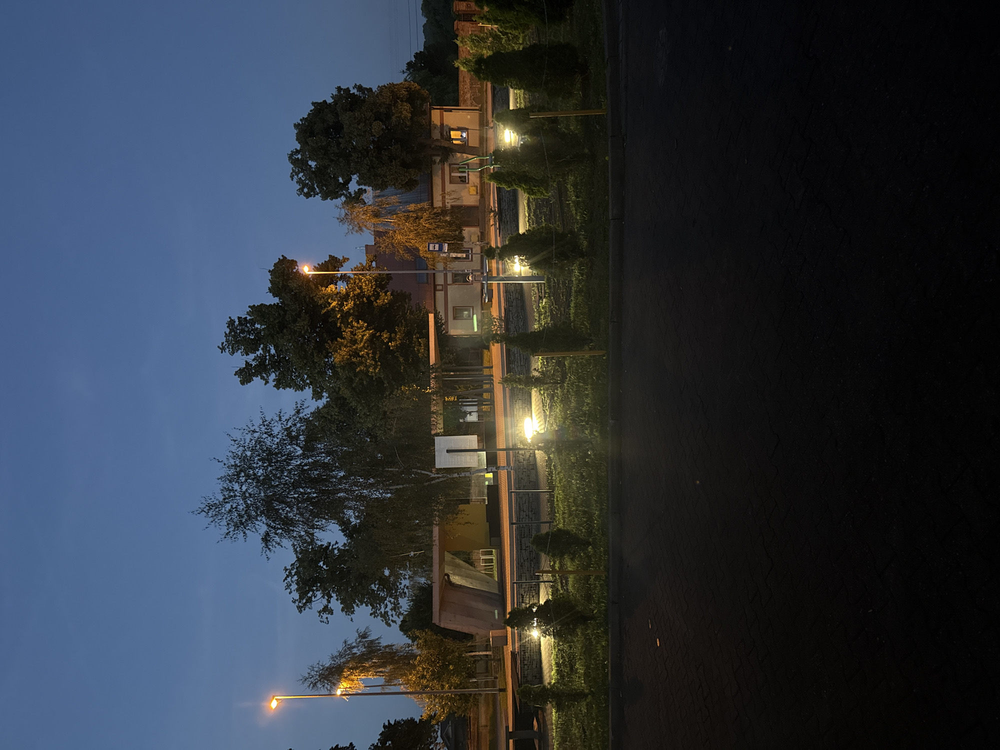 This image depicts an outdoor scene at dusk or early night in Wąwelnica, Poland. In the foreground, a dark asphalt or paved area with a visible brick-like pattern stretches across the bottom of the frame. Beyond this, a low-lying grassy area is illuminated by several ground lights, casting a warm glow. Several small, cone-shaped evergreen trees are interspersed within this grassy area, with thin wooden posts marking the boundary.
A low wall made of stone blocks forms a border between the grassy area and a walkway or platform. Behind the wall, a modern-looking structure with a slanted concrete roof and yellow panels is visible, possibly a bus stop shelter or a small pavilion. Further back, a traditional building with a tiled roof, windows with illuminated interiors, and a bus stop sign is present. Trees, some bare and some with foliage, are scattered throughout the scene, with streetlights casting an orange light on them. The sky is a deep blue, indicating twilight. No people are visible in the image.