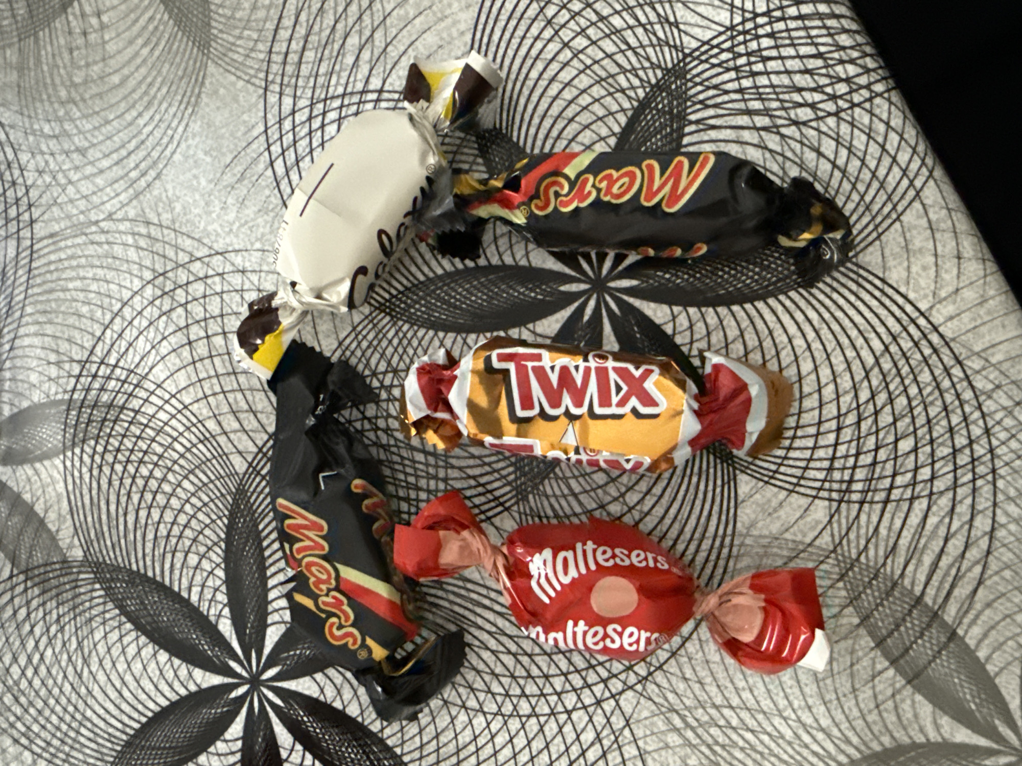 The image shows an assortment of candies on a surface with a swirling black and white pattern. There is a white candy wrapper, two Mars bars, a Twix bar, and a Maltesers candy. The location is unknown but hypothesized to be in Stara Zagora, Bulgaria.