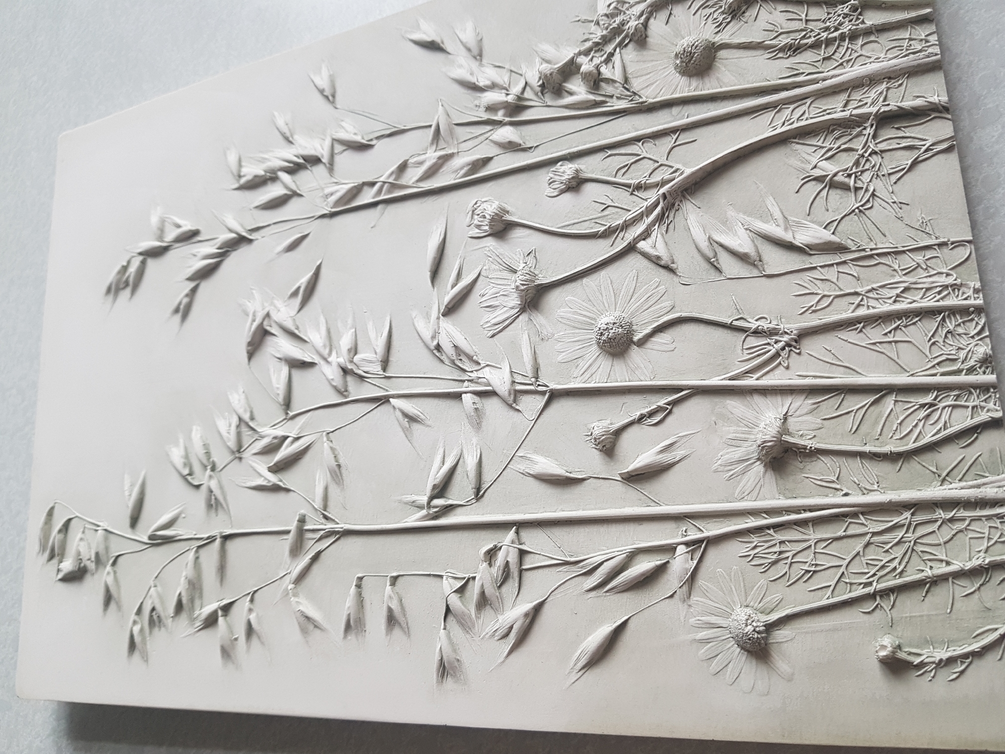 The image shows a rectangular, light-colored relief sculpture or artwork. The artwork appears to be made from a solid material, possibly plaster or clay, and features an arrangement of plants or botanical elements. The composition consists of stems, leaves, and flowers that are raised above the background surface, creating a three-dimensional effect. The plant elements run horizontally across the artwork. The left side features a plant with what appears to be seed heads or grains, while the right side includes daisy-like flowers and feathery foliage. The overall aesthetic is monochromatic, with a soft and muted color palette. The artwork appears to be resting on a flat surface that is off-white. There is no evidence to suggest a location in Saint Petersburg, Russia.