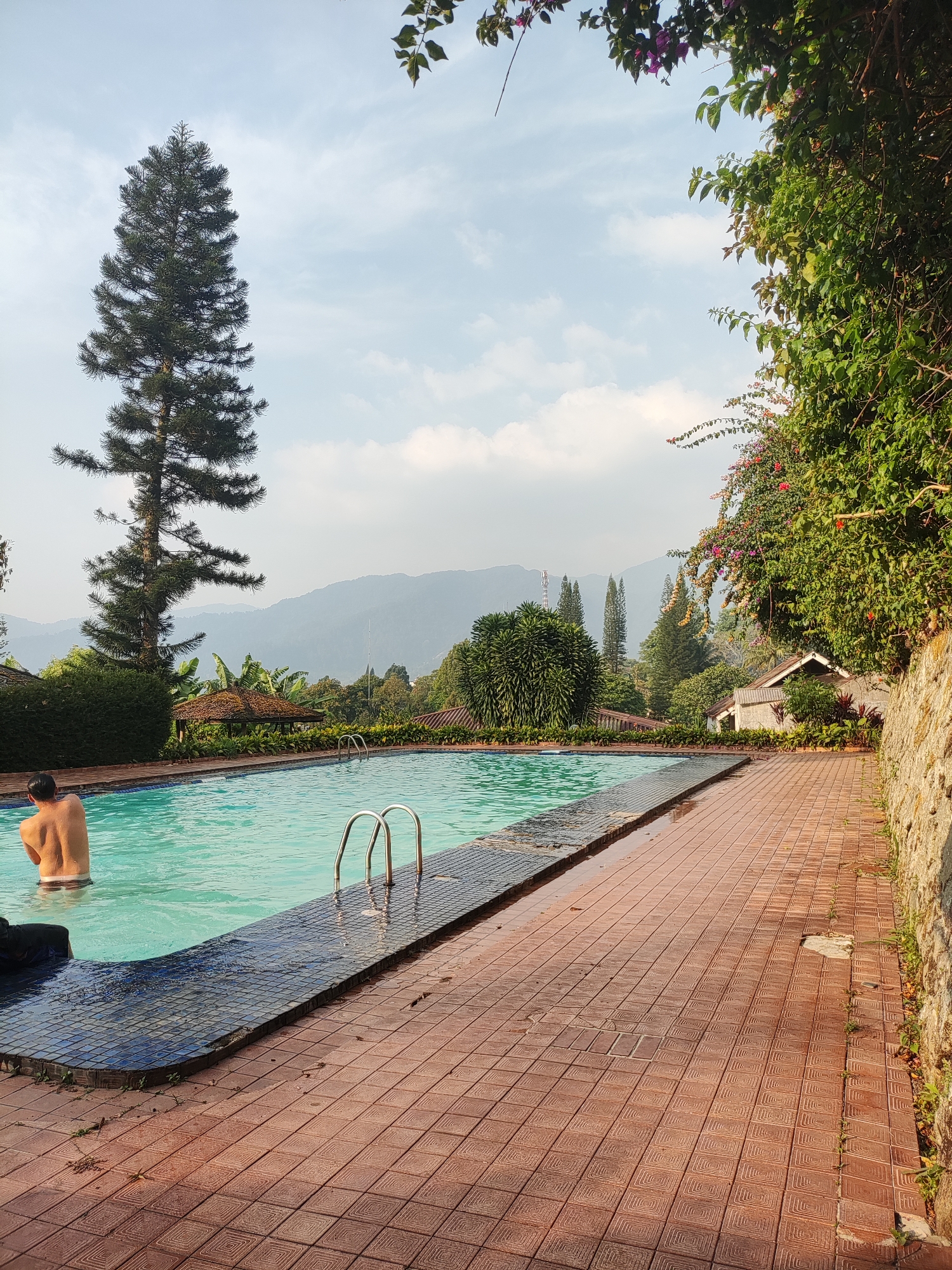 The image depicts an outdoor swimming pool area in Cisarua, Indonesia, likely a resort or private villa. A person, seen from the back, is standing in the turquoise water of the pool. The pool area is paved with reddish-brown square tiles. To the right, a stone wall runs along the edge of the paved area, with green foliage and flowering vines growing on and over it. Lush greenery, including a tall evergreen tree, hedges, and other trees, surrounds the pool. In the background, hazy mountains are visible under a partly cloudy sky. A small building with a brown thatched roof and white walls is situated among the trees. Another white building with a pitched roof is visible further in the distance. The scene is illuminated by daylight, suggesting it is daytime.
