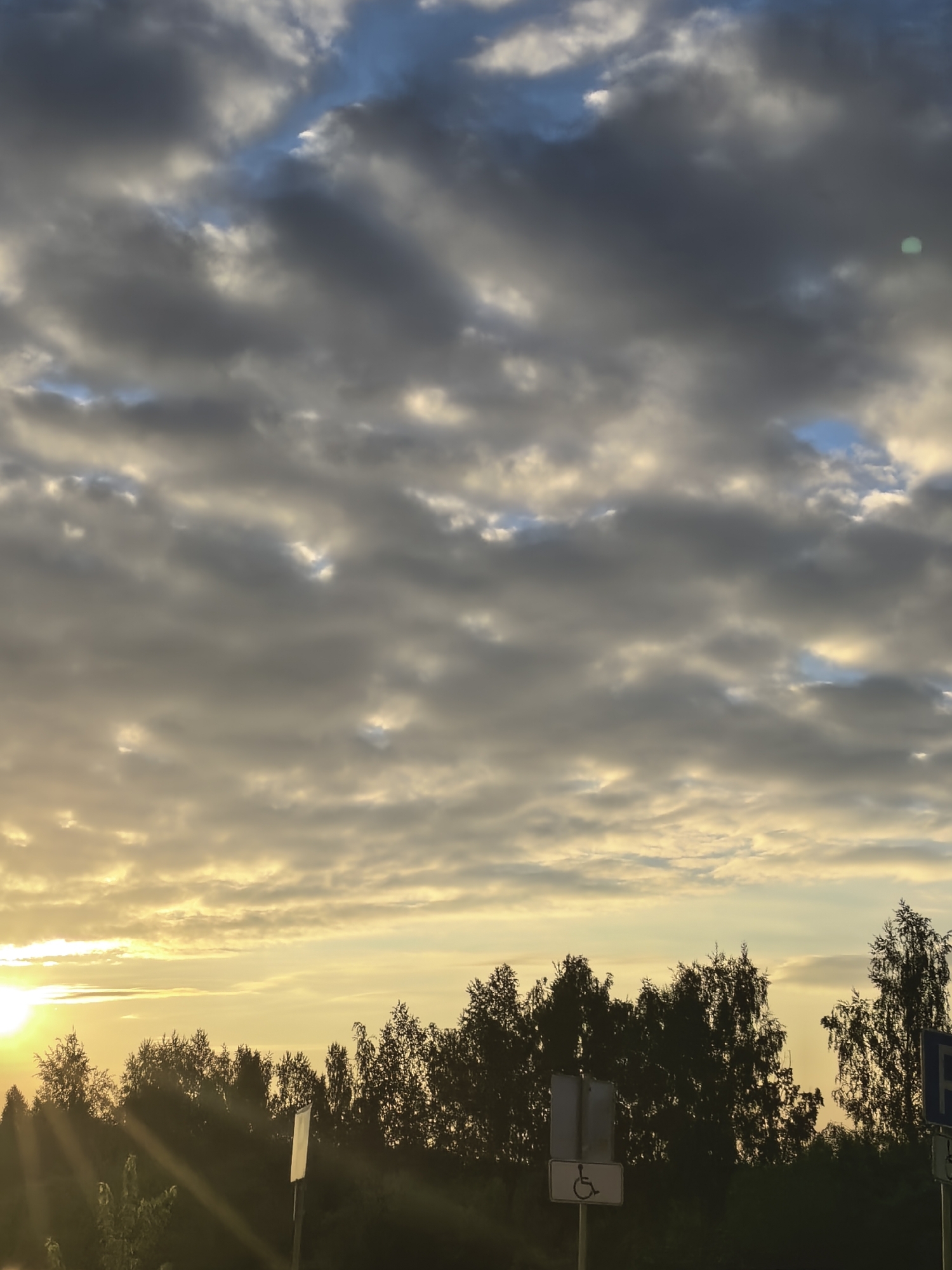 A wide-angle, vertical outdoor shot captures a sunset over a line of trees. The sky is filled with dramatic clouds, varying in shades of gray, white, and blue, with streaks of golden sunlight breaking through. The sun itself is visible on the far left, casting long, ethereal rays across the scene. The trees, silhouetted against the bright sky, form a dark, jagged line across the lower portion of the frame. In the foreground, there are two signs visible, one with a wheelchair symbol indicating a disabled parking space, and another sign is partially obscured. The location is described as Unknown, Unknown.