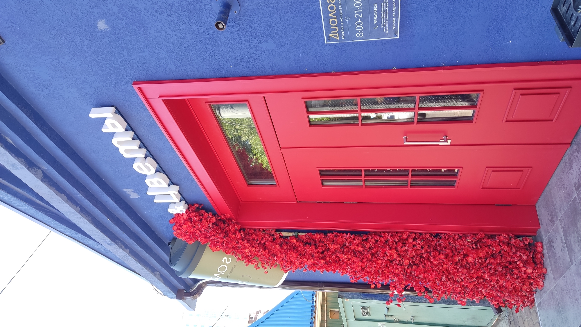 The image shows the exterior of a cafe and confectionary shop named "Диалог" (Dialog). The building is painted bright blue, and a vibrant red double door is prominently featured. The red doors have glass panes and ornate detailing. To the left of the door, a large cluster of artificial red flowers cascades down the side of the building, creating a striking visual contrast. Above the door, white three-dimensional letters spell out "& Цветы" (and Flowers). A sign on the blue wall to the right of the door displays the shop's name, "Диалог", and information including "КОФЕЙНЯ & КОНДИТЕРСКАЯ" (Cafe & Confectionery), operating hours (8:00-21:00), a phone number, and an address: "Краснодар, ул. Седина 14" (Krasnodar, Sedina St. 14). The overall scene is a street view of a commercial establishment.