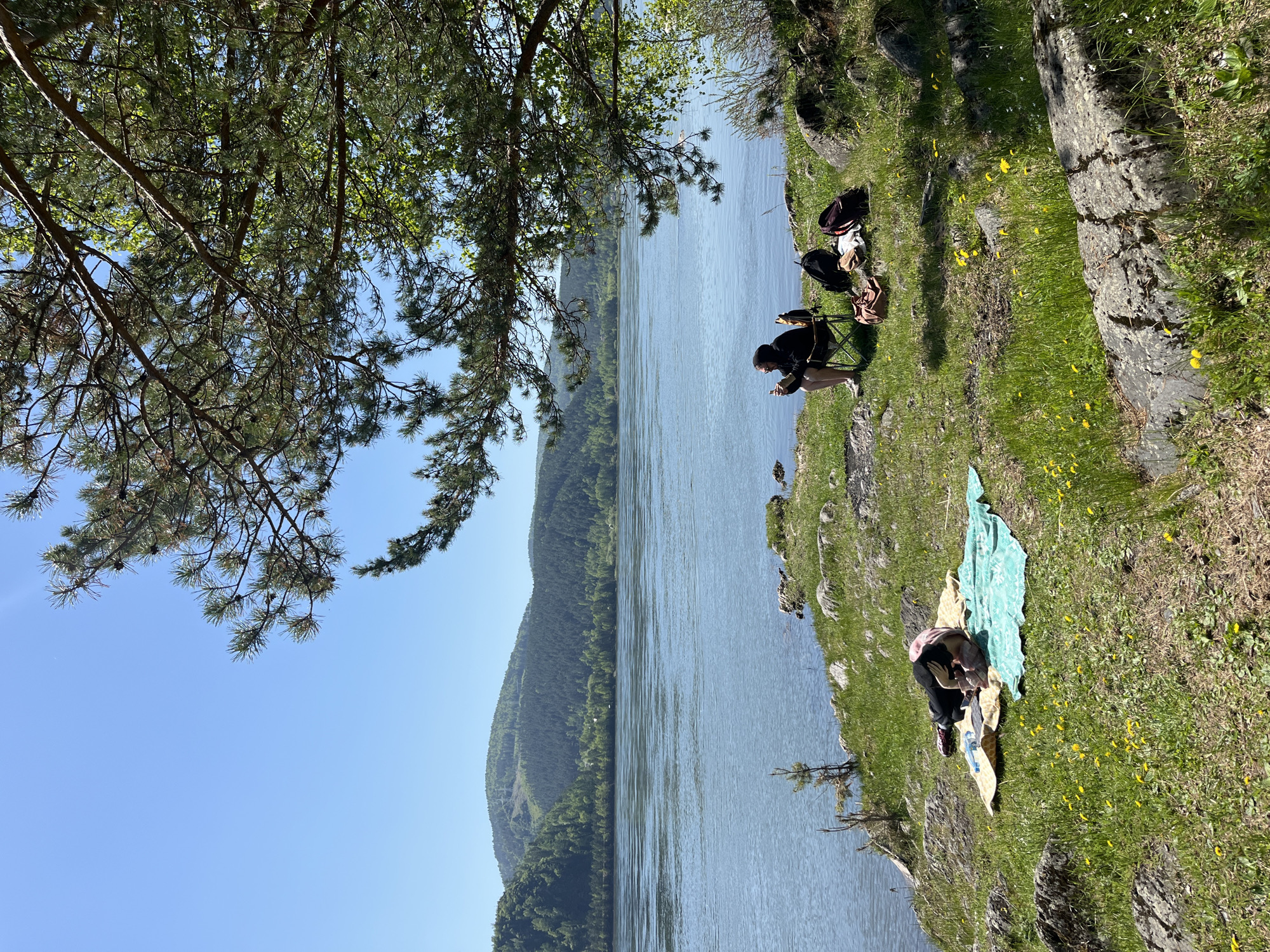 This image captures a tranquil outdoor scene by a wide river in Sliznevo, Russia, under a clear, bright blue sky. The perspective is from a slightly elevated position on the riverbank, looking across the water towards a distant, forested landscape.
In the foreground, a verdant grassy bank slopes gently towards the river, dotted with rocks and vibrant yellow wildflowers. Two people are present on this bank, enjoying the sunny weather. One individual, dressed in dark clothing and a cap, is seated on a small green folding chair near the water's edge, appearing to be focused on an object held in their hands, possibly a book or a mobile device. A dark backpack and other bags rest on the grass beside them. Further along the bank to the right, a second person is visible, lying or reclining on a light-colored blanket, partially covered by a blue and green patterned blanket or towel. They are dressed in a light-colored top and dark trousers.
The wide river flows calmly across the middle ground, its surface reflecting the daylight. On the far bank, densely forested mountains or hills rise, stretching into the distance under the clear sky. Branches of a large pine tree, with its characteristic needles, frame the upper left corner of the image, contributing to the natural ambiance. The strong, direct sunlight suggests it is mid-day. The overall scene conveys a sense of peaceful leisure and connection with nature. No visible text is present in the image.