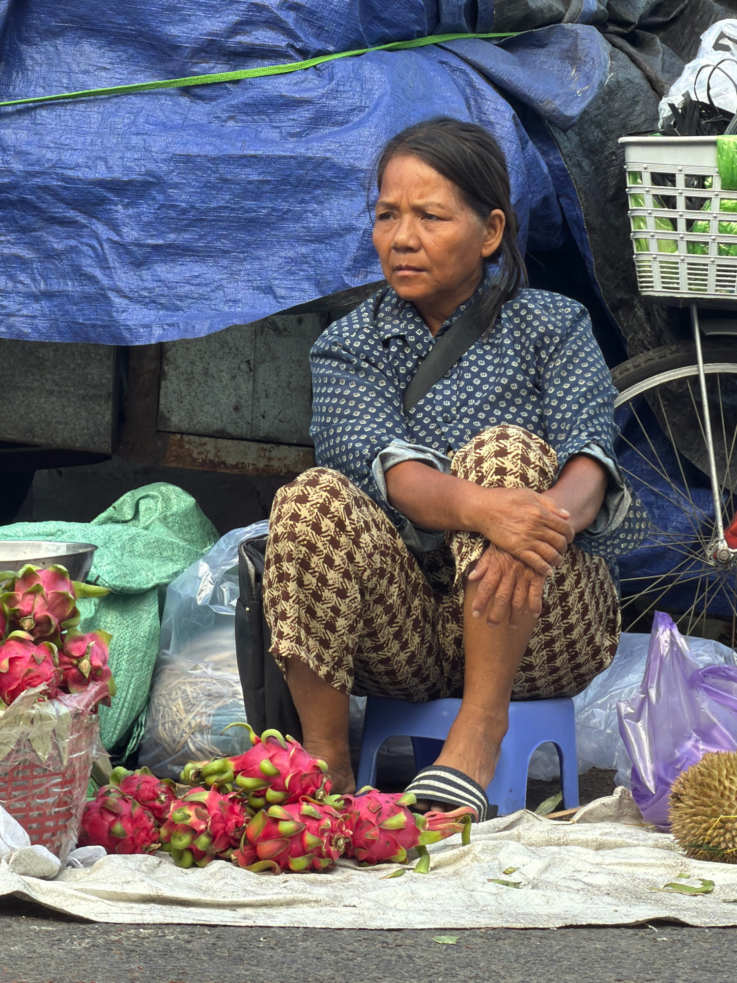 A Vietnamese woman sits on a blue plastic stool, looking to her left. She has dark hair pulled back in a ponytail, and is wearing a blue and white patterned shirt and brown patterned pants. Her hands are clasped in her lap. In front of her, on a white cloth spread on the ground, are several dragon fruits. To her right, a bicycle wheel is visible, and behind her are various bags and a blue tarp. The scene appears to be a street market in Nha Trang, Vietnam, given the presence of tropical fruits and the general atmosphere of a roadside vendor.