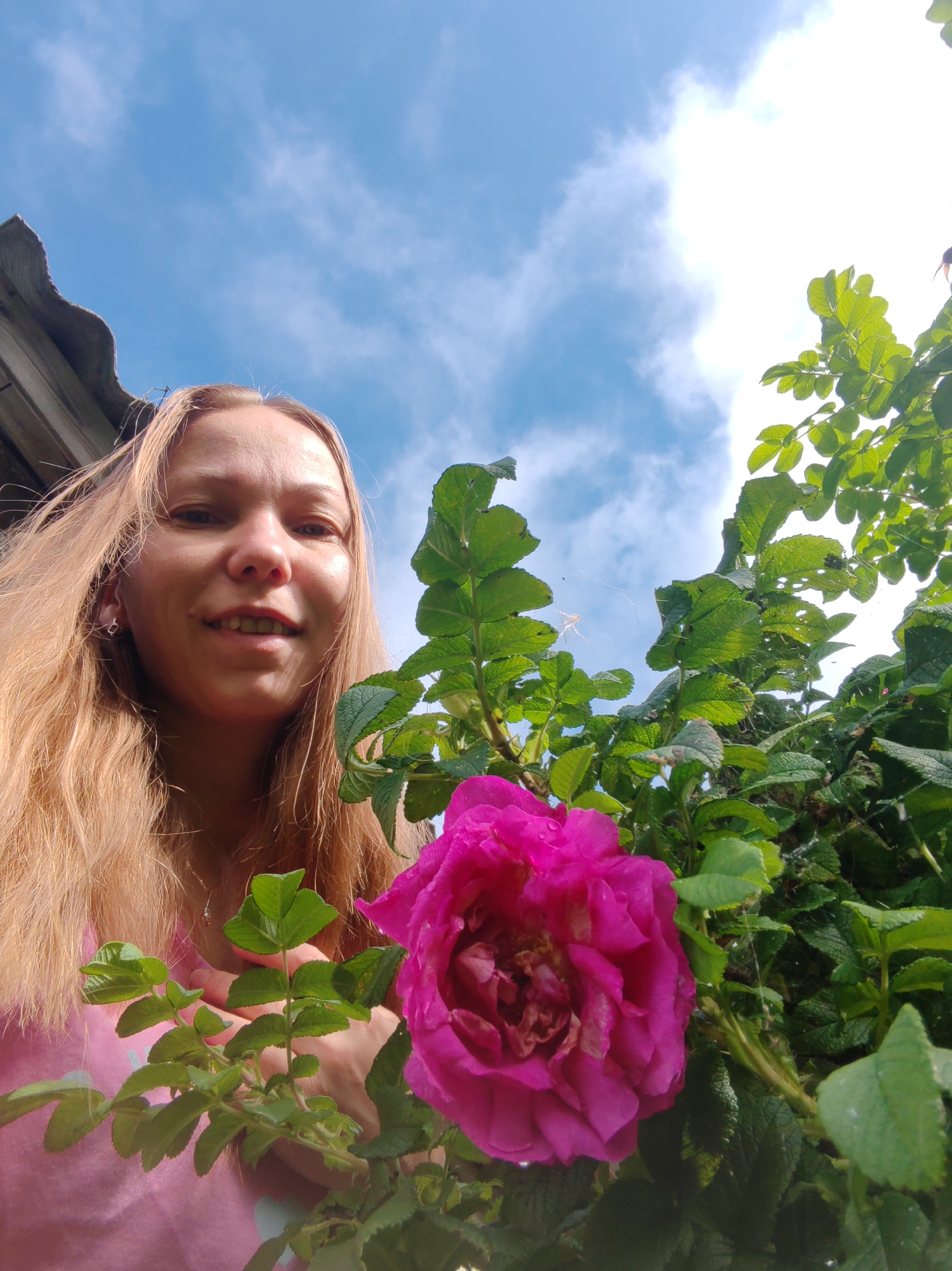 A low-angle medium shot captures a blonde woman with long, light brown hair, smiling and looking up at the camera. She is positioned on the left side of the frame, wearing a pink t-shirt. To her right, a large, vibrant pink rose is in bloom, with green foliage surrounding it. The background features a bright blue sky with scattered white clouds. On the far left of the image, a portion of a corrugated metal roof is visible, suggesting an outdoor setting, possibly in a rural area or a backyard. The overall impression is a candid shot of a woman outdoors on a sunny day.