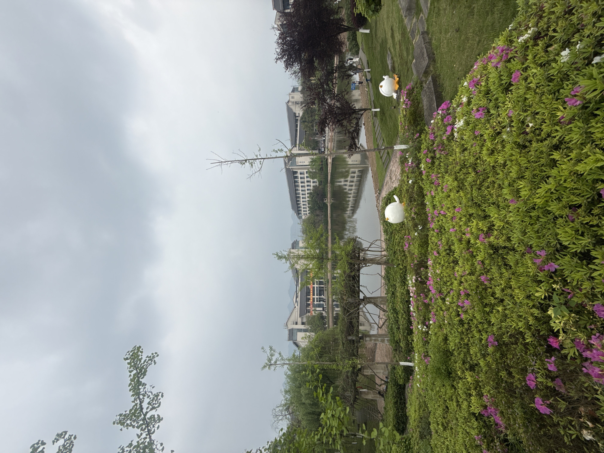 The photograph depicts a water feature within a park setting in Jiangjin, China. The sky is overcast. A body of water, possibly a lake or wide canal, reflects buildings on its opposite bank. Trees line the water's edge, including a slender, sparsely leaved tree in the foreground. Lush green bushes with purple and white flowers grow along the right side of the frame. Two cartoonish white swan sculptures are also visible along the water's edge. A path or walkway runs parallel to the water. The architecture of the buildings in the background suggests a modern design.