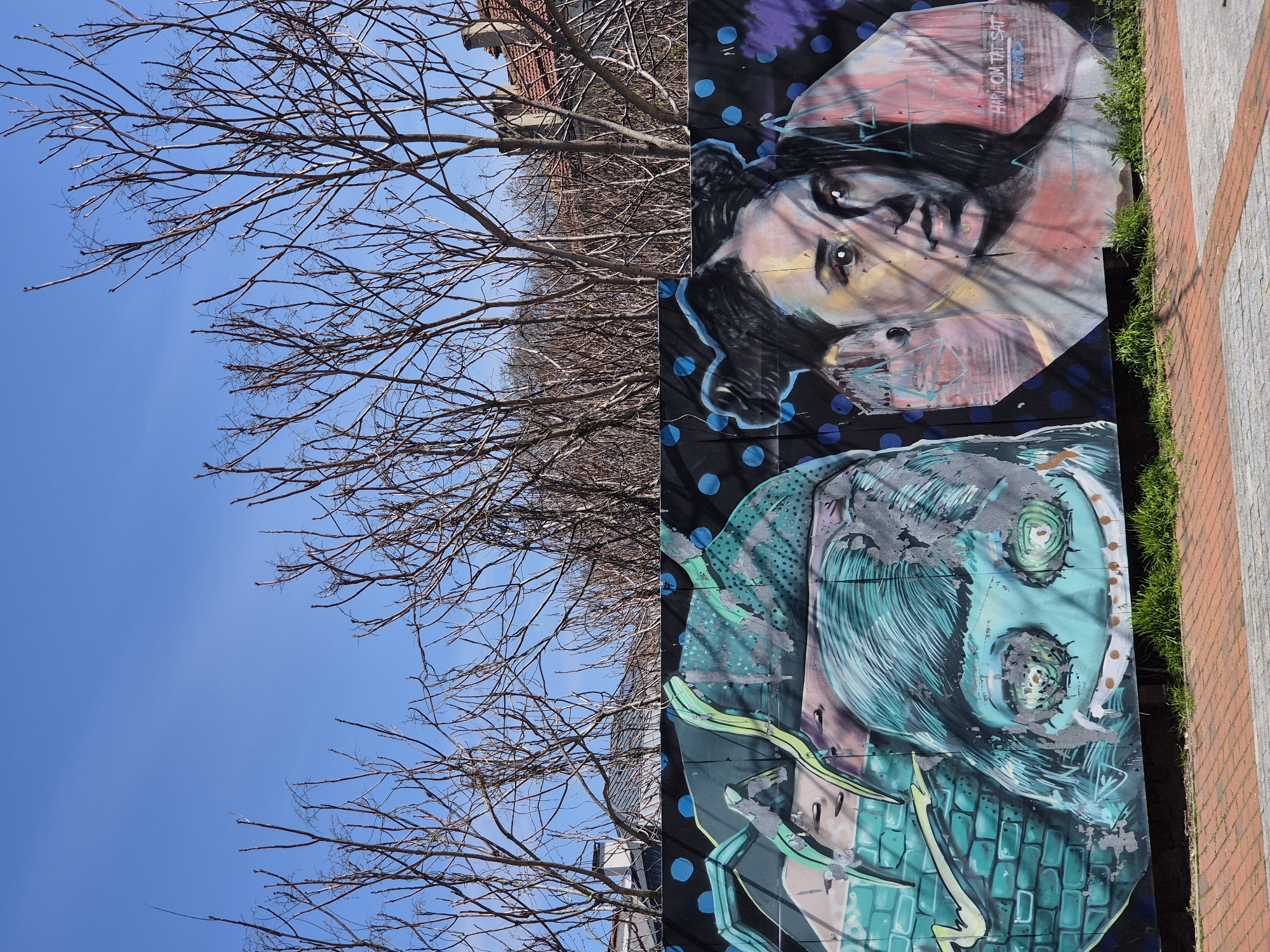 A photograph, likely taken outdoors during the daytime, depicts a painted mural with two distinct portrait images placed vertically in relation to each other. The top image portrays a person with a stern facial expression. The paint colors used are predominantly pink and black, with some areas displaying a watercolor effect. The mural has the inscription "HIROMI ON TAT SAT" on the upper portion. Below this first mural is a second painted portrait, which makes use of turquoise and green tones to depict another human figure. The overall style of this image has an industrial feel.
In the foreground of the photograph, stark, bare tree branches extend upwards into a clear blue sky. The branches are devoid of leaves. To the right of the mural, a portion of a brick walkway is visible. Based on the style of the mural, this photograph was taken in Varna, Bulgaria.