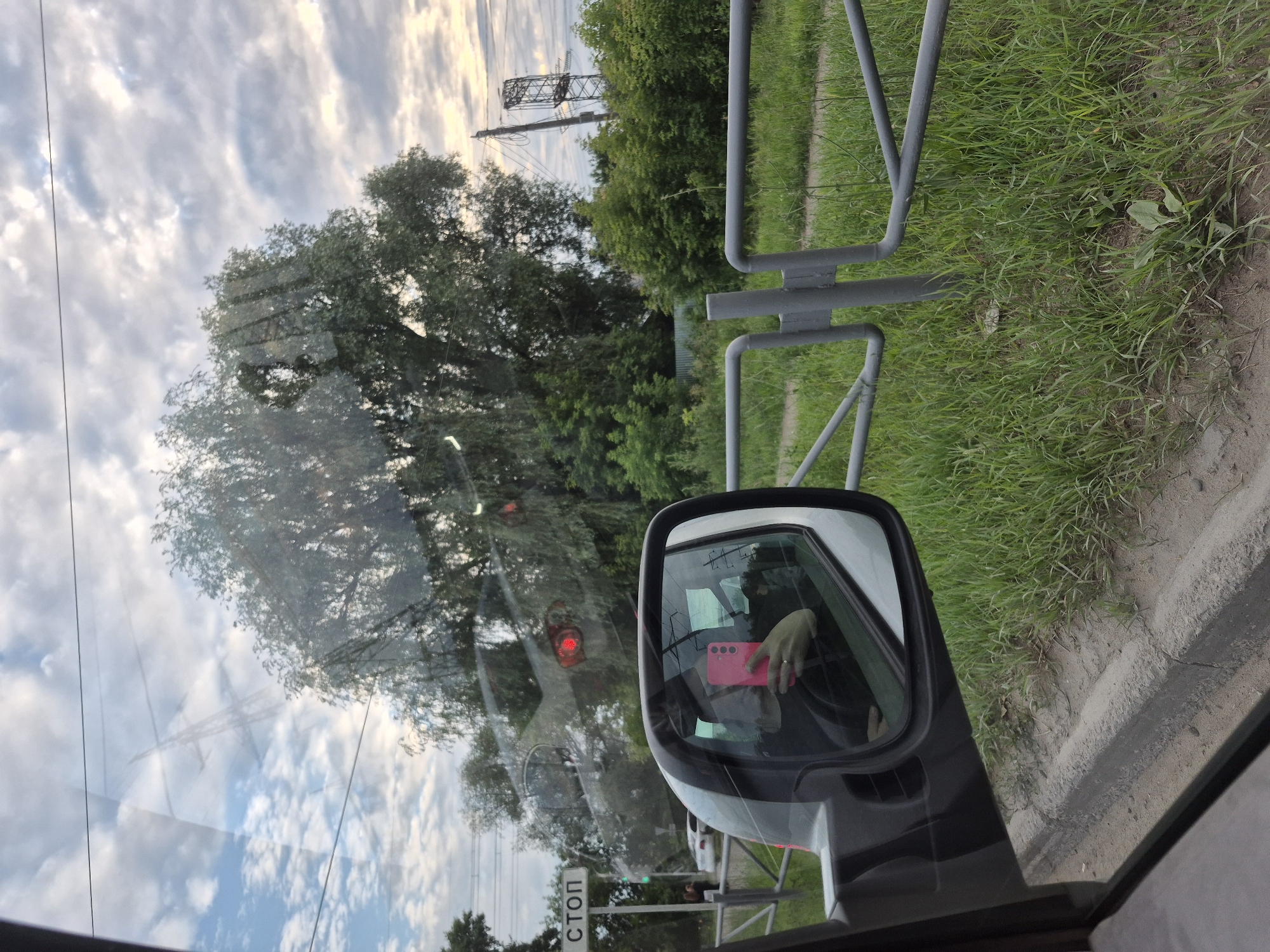 In the foreground, a side-view mirror of a vehicle reflects a person holding a pink smartphone, possibly taking a selfie. The mirror also shows the interior of the car and a portion of the driver's hand wearing a ring. The vehicle is on a road with a concrete curb and a grassy verge. In the background, a large tree with dense foliage dominates the scene. To the left, a white sign with the Russian word "СТОП" (STOP) is visible, along with a traffic light displaying a green signal. Further in the background, there is a transmission tower and more greenery. The sky is partly cloudy. The scene appears to be set in an urban or suburban area, potentially on the outskirts of Chaikovsky, Russia, given the presence of a stop sign and traffic lights.