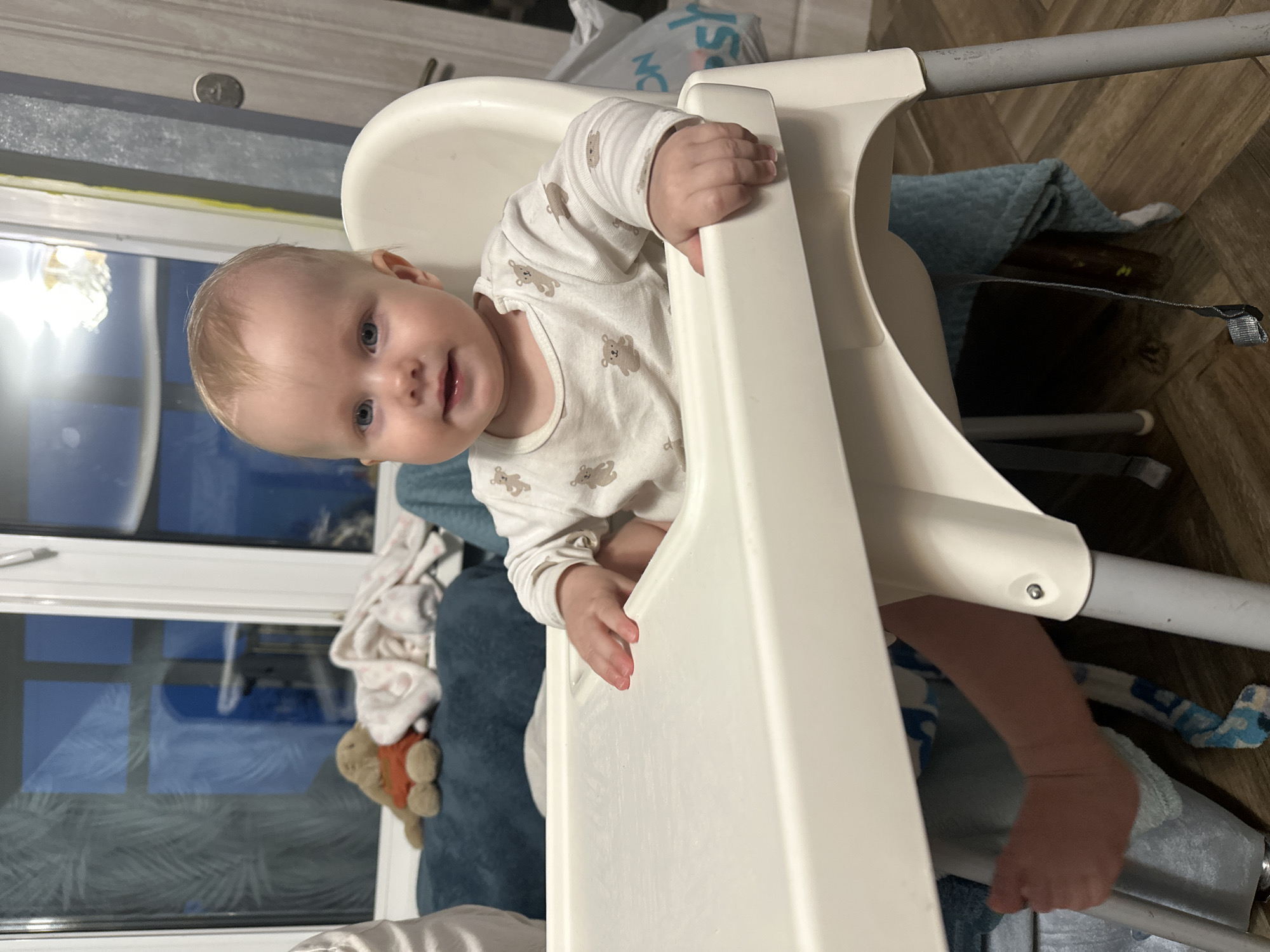 A baby is seated in a white high chair. The baby is wearing a long-sleeved white shirt with a teddy bear pattern. The high chair is placed near a window with frost patterns, and a brown stuffed bear sits on a blue cushion. The floor is wooden. The location is Pokrov, Russia.
