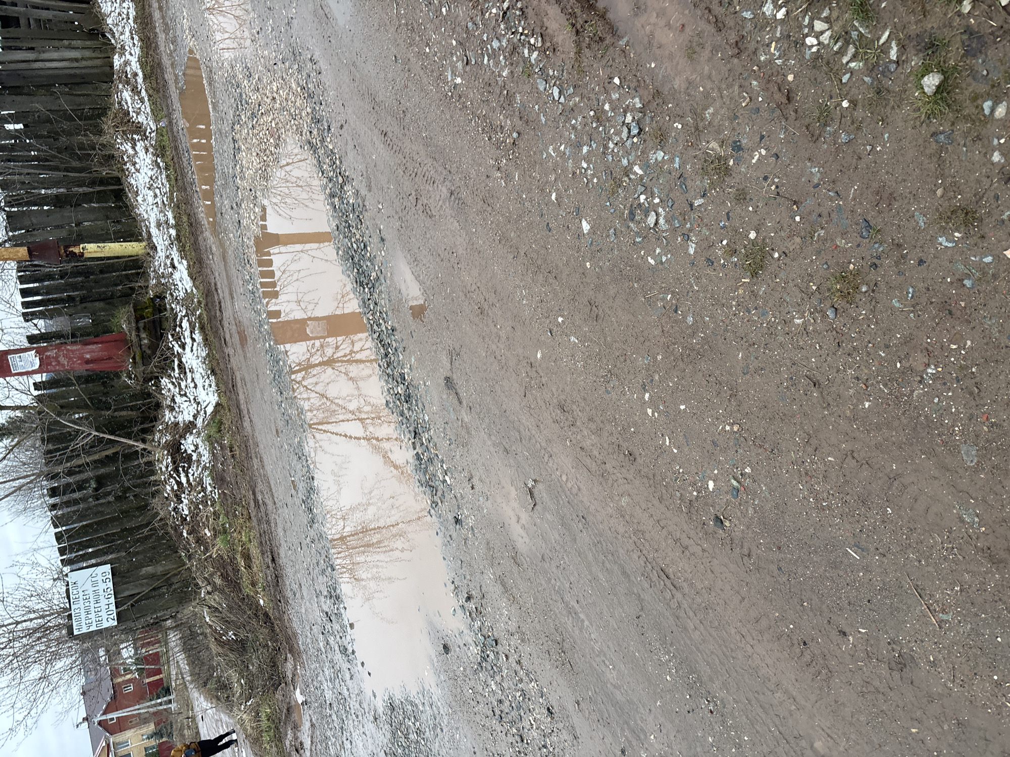 The image displays a muddy, unpaved road in a rural or semi-rural setting, consistent with Ferma, Russia. The road surface is a mix of wet dirt, gravel, and small rocks, with clear tire tracks visible. A long, narrow puddle stretches along the left side of the road, reflecting the bare branches of trees and a tall wooden fence.
Along the left edge of the frame, there's a rustic wooden fence, and behind it, bare trees and sparse bushes with patches of snow or ice on the ground. A yellow and red striped barrier post stands near the fence. In the distant background, beyond the vegetation, several houses or buildings are discernible. A person wearing a yellow or orange jacket is visible walking away in the distance on the muddy road.
Attached to the wooden fence, a white sign with black Russian text is visible. It lists agricultural products for sale: "НАВОЗ ПЕСОК" (Manure Sand), "ЧЕРНОЗЕМ" (Black Earth/Chernozem), and "ПЕРЕГНОЙ ОПГ" (Humus OPG). Below this, a phone number, "204-65-59", is printed.
The scene appears to be set on an overcast day, likely in late winter or early spring, indicated by the bare trees, patches of snow, and the widespread muddy conditions on the unpaved road. The overall atmosphere suggests a functional, possibly remote, pathway during a period of thaw or recent precipitation.