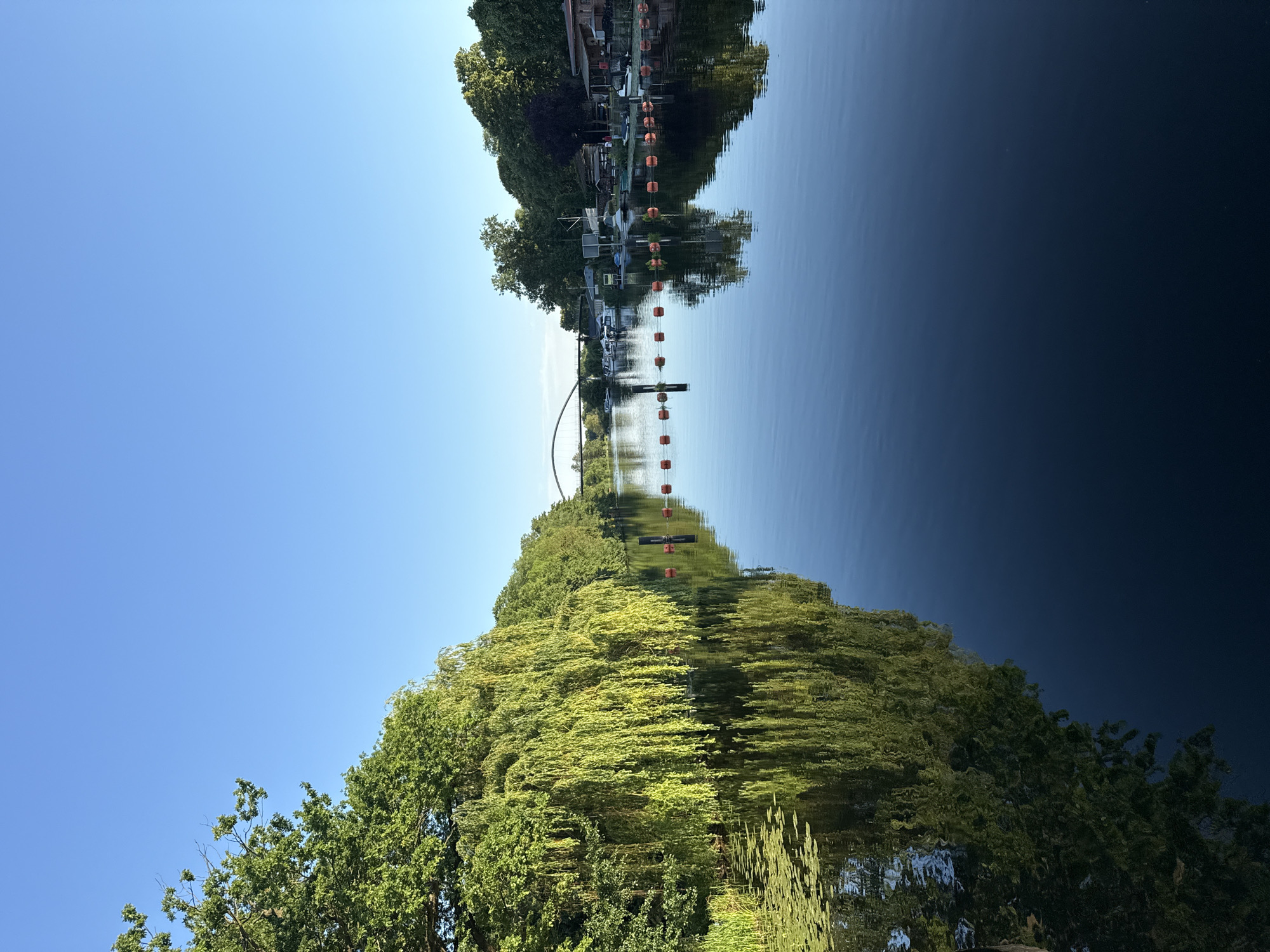 This is a vertical, eye-level shot of a tranquil river scene under a clear blue sky. Lush green trees line the riverbanks, with a prominent weeping willow on the left casting a full reflection on the water. The river itself is calm and dark, mirroring the trees and the sky. In the distance, a graceful arch bridge spans the river, and along the right bank, several small boats are moored near buildings that appear to be homes or businesses. A line of orange buoys floats in the water, marking a boundary. The scene evokes a peaceful, early morning or late afternoon atmosphere.