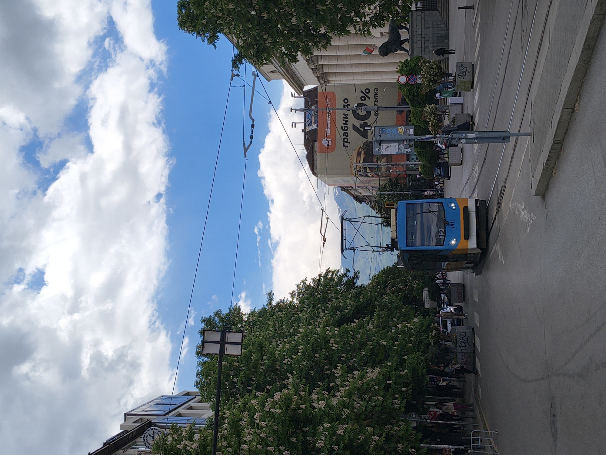 The image depicts a street scene in Sofia, Bulgaria. A blue and yellow tram is traveling along a tram line on the right side of the frame. On the left side, there is a tree in full bloom, obscuring some of the buildings behind it. A building with a banner advertising discounts is visible behind the tram. Above, a blue sky with white clouds is seen. Pedestrians are visible on the sidewalk next to the road. In the background there is a statue of a lion, located in front of the bulgarian national bank.