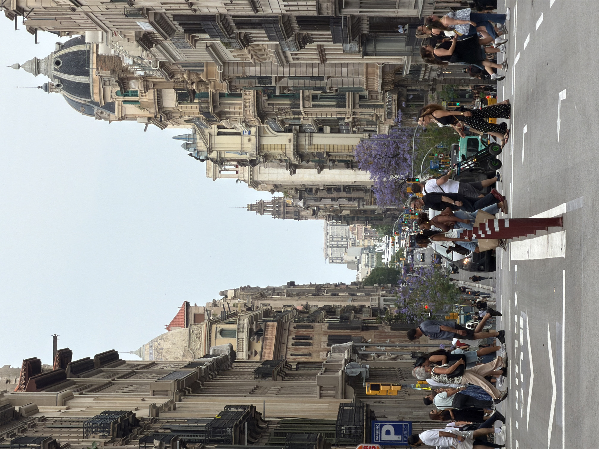 The photograph, presented rotated 90 degrees clockwise but described as if correctly oriented, captures a vibrant street scene in Barcelona, Spain, on a clear, bright day. A wide street extends into the distance, lined on both sides by grand, multi-story buildings featuring ornate classical architecture, including balconies, decorative facades, and a prominent dark-domed structure on the upper-left side of the street. Jacaranda trees with distinctive purple blossoms are visible along the left side of the street.
Numerous pedestrians are engaged in daily activities. Several individuals and groups are walking on the pavements or waiting to cross a marked crosswalk, which features white lines and arrows on the asphalt. Cars and other vehicles are visible further down the street, and a small green wheeled cart sits on the road. Street furniture includes traffic lights, a yellow signal box, and a blue sign with a white 'P' and the word 'PUBLIC' indicating parking. Red bollards delineate a crossing area. The overall impression is a busy urban environment under a bright, possibly slightly hazy, sky.