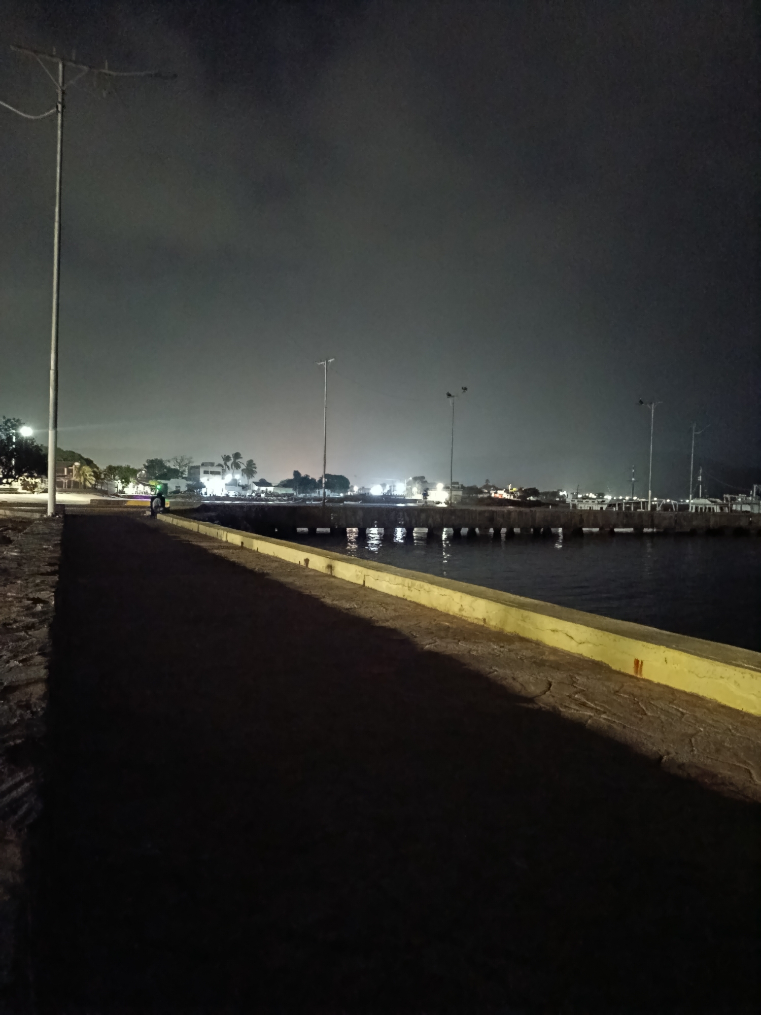 An outdoor, nighttime, low-angle, full shot depicts a paved pathway leading to a concrete pier extending over dark water. A single street light stands on the left side of the pathway, while two street lights are visible on the pier in the middle ground. The pathway is in the foreground, and on the right side is a body of water. The pier is in the middle ground, with a town visible beyond it in the background. A person on a motorcycle is riding on the pier. The sky is dark and overcast. The scene is located in Juan Griego, Venezuela.