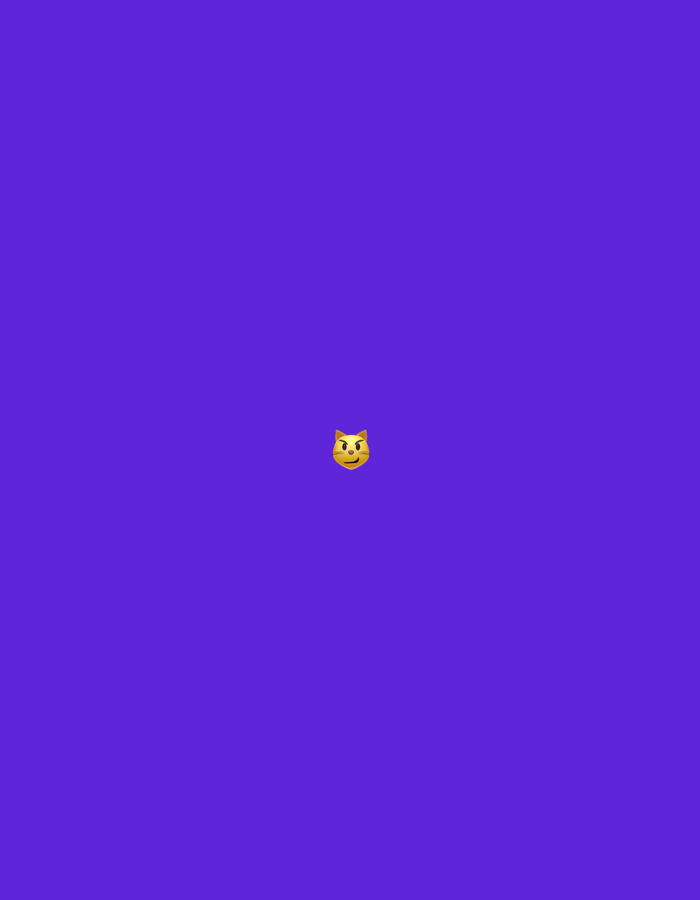 The image presents a uniform, solid deep violet background. Precisely at the center, a single digital emoji, identified as the 'Pouting Cat Face' (😼), is visible. The emoji is yellow, characterized by pointed ears, arched eyebrows, and a slight downturned mouth. No other subjects, objects, individuals, actions, interactions, or environmental elements are present. The abstract digital composition provides no contextual information regarding a specific physical location, including Santa Ana, Venezuela.
