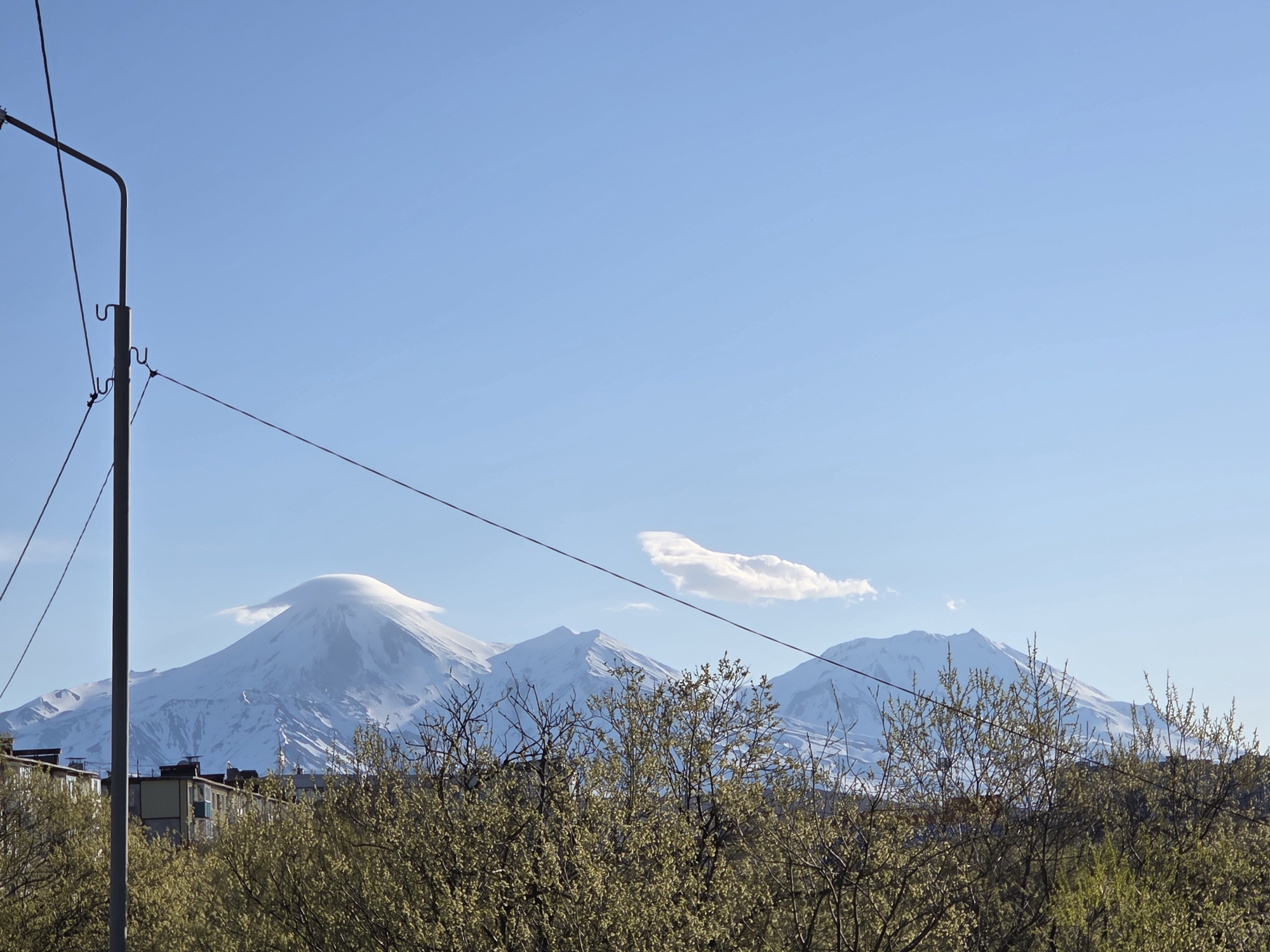 A daytime shot in the city of Unknown, Unknown features a mountain range with snow-capped peaks against a clear blue sky. In the foreground, budding trees obscure the lower portion of the view, with a residential building visible behind them on the left. A metal lamppost stands prominently to the left, with power lines extending across the frame towards the mountains. A cloud hovers above the central peak.