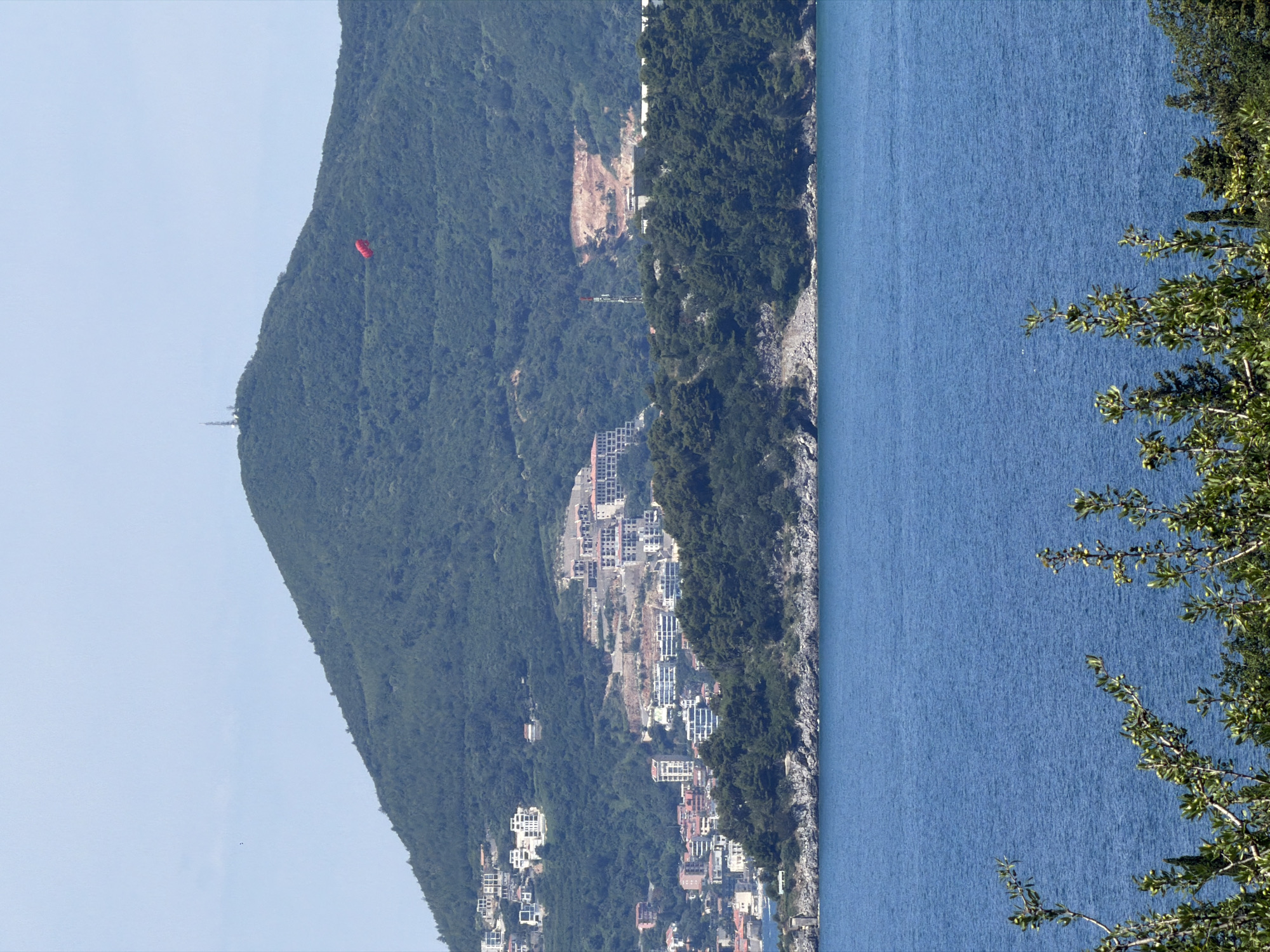 The image depicts a coastal scene in Vrijesno, Montenegro, on a clear, sunny day. In the foreground, lush green foliage with small green fruits partially obscures the view of a vast, tranquil blue sea. The sea extends to a rocky, tree-lined shore in the mid-ground. Beyond the shoreline, a densely populated hillside town is visible, characterized by numerous white and light-colored buildings with red-tiled roofs, many of which appear to be hotels or apartment complexes. The town is nestled against the slopes of a large, verdant mountain that dominates the background. The mountain is covered in dense green trees, with some areas showing signs of construction or land clearing, revealing reddish-brown earth. A solitary red paraglider is visible in the sky, high on the mountain slope. A tall telecommunications tower stands on the peak of the mountain. The sky is a pale blue with a few faint clouds.