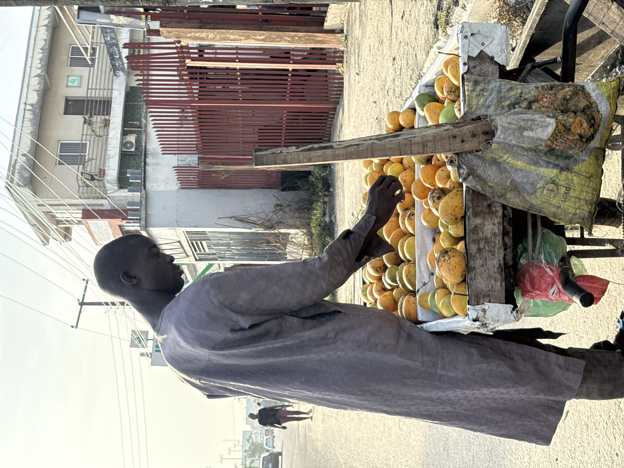 A man in a purple-gray robe stands in front of a cart piled high with mangoes in Ado, Nigeria. He is reaching out towards the fruit, possibly arranging them or selecting one. The cart is wooden and has a bag filled with other items hanging off the side. The scene appears to be on a street, with buildings and other people visible in the background. The lighting suggests it is daytime.