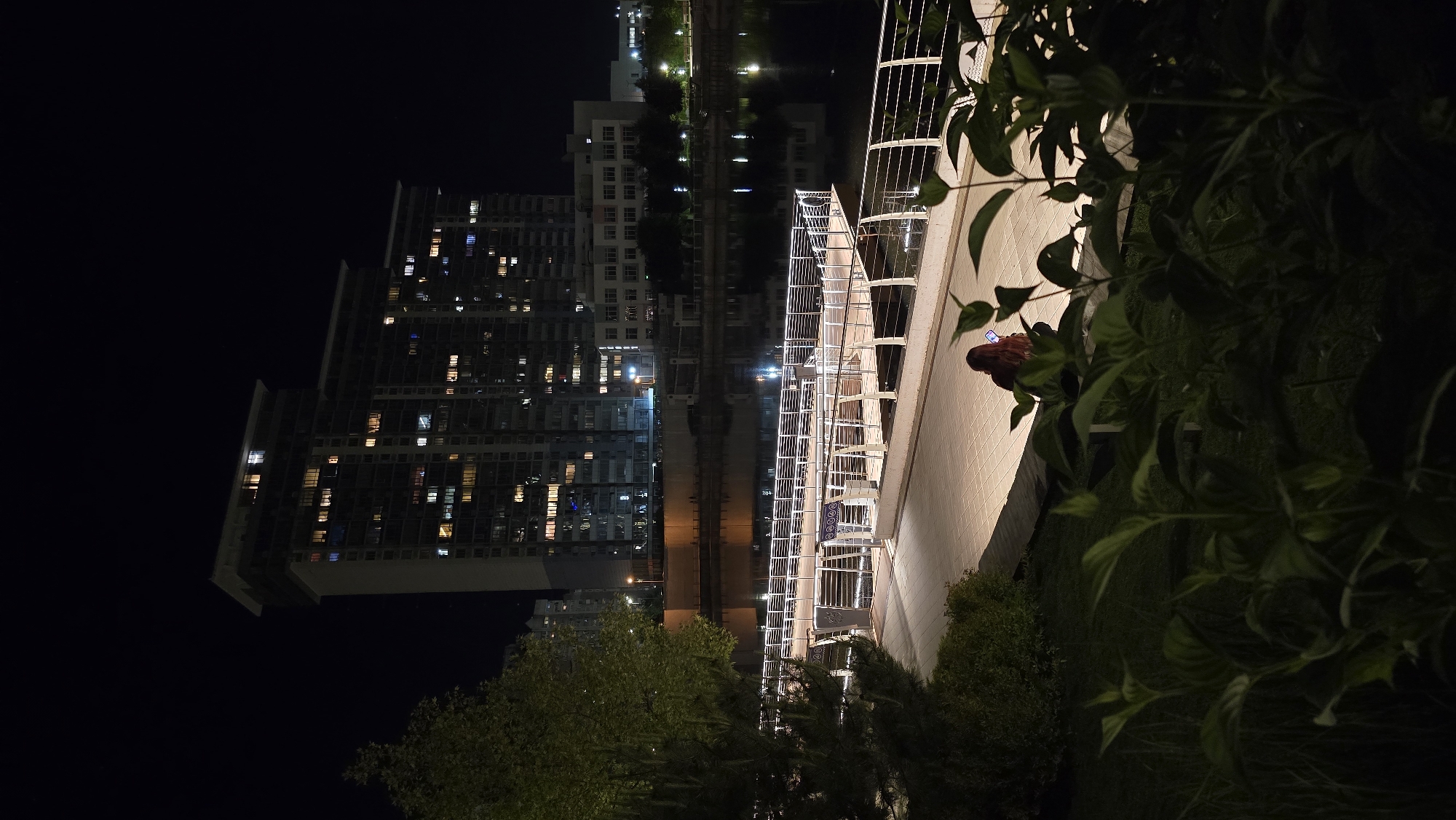 This nighttime photograph depicts an urban landscape in Kyiv, Ukraine, viewed from an elevated vantage point, possibly a balcony or bridge overlooking a body of water. The scene is dominated by the deep blues and blacks of the night, punctuated by numerous artificial lights.
On the left side of the frame, a tall, modern high-rise building stands prominently, its numerous windows glowing with various lights, suggesting active interiors. Across a dark body of water, likely a river or canal, in the mid-ground, another building complex is visible, also with scattered illuminated windows. The water reflects the city lights, and an elevated structure, possibly a train track or pedestrian bridge, spans across it.
In the immediate foreground, to the right, a white railing, likely part of a walkway or balcony, forms a partial boundary. Dense, dark green foliage, appearing as trees and bushes, occupies the right side and foreground of the image. Partially obscured by this greenery and the railing, a person with reddish hair is visible. They are holding and looking at a mobile phone, with their back partially turned towards the camera.
The scene conveys a quiet city night, with the interplay of dark shadows and bright artificial lights creating a dynamic urban vista. No discernible text is visible within the image.