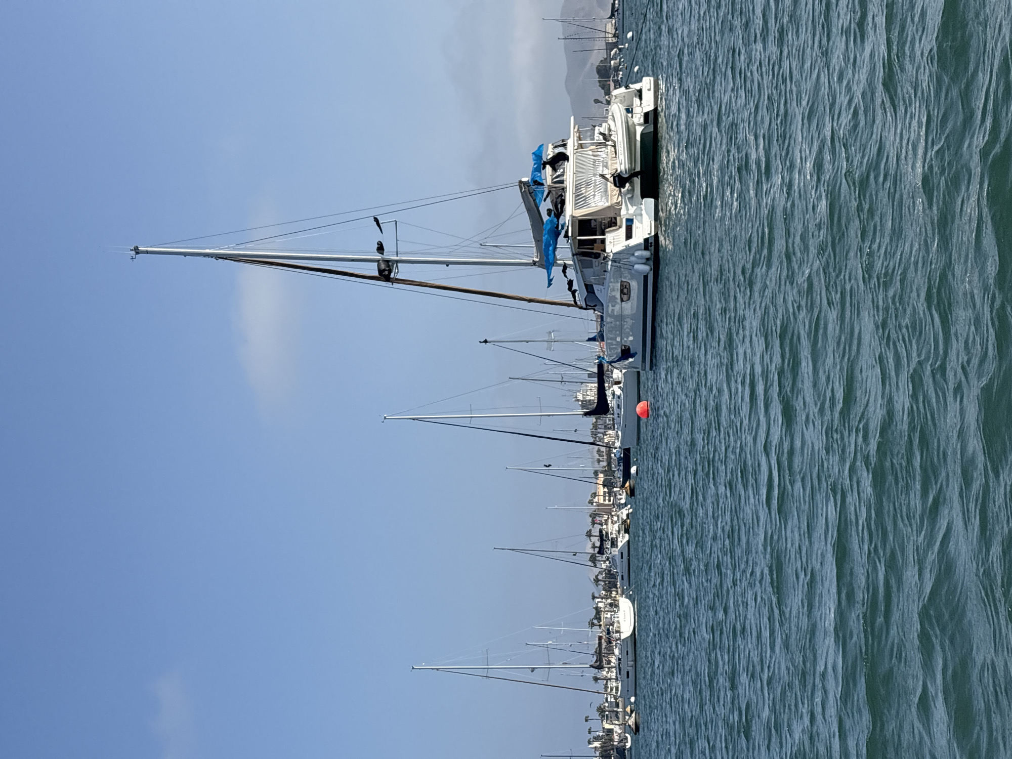 The image captures a line of sailboats and yachts moored in a marina. The vessels are positioned parallel to each other, extending from the foreground towards the background. A prominent white yacht with a tall mast is closest to the camera, while other sailboats with varying mast heights fill the frame. The water surrounding the boats is visibly textured with small waves. The background reveals a coastal landscape, possibly representing the city of La Punta, Peru. The sky is clear with scattered clouds. There are several birds on the ship's mast.