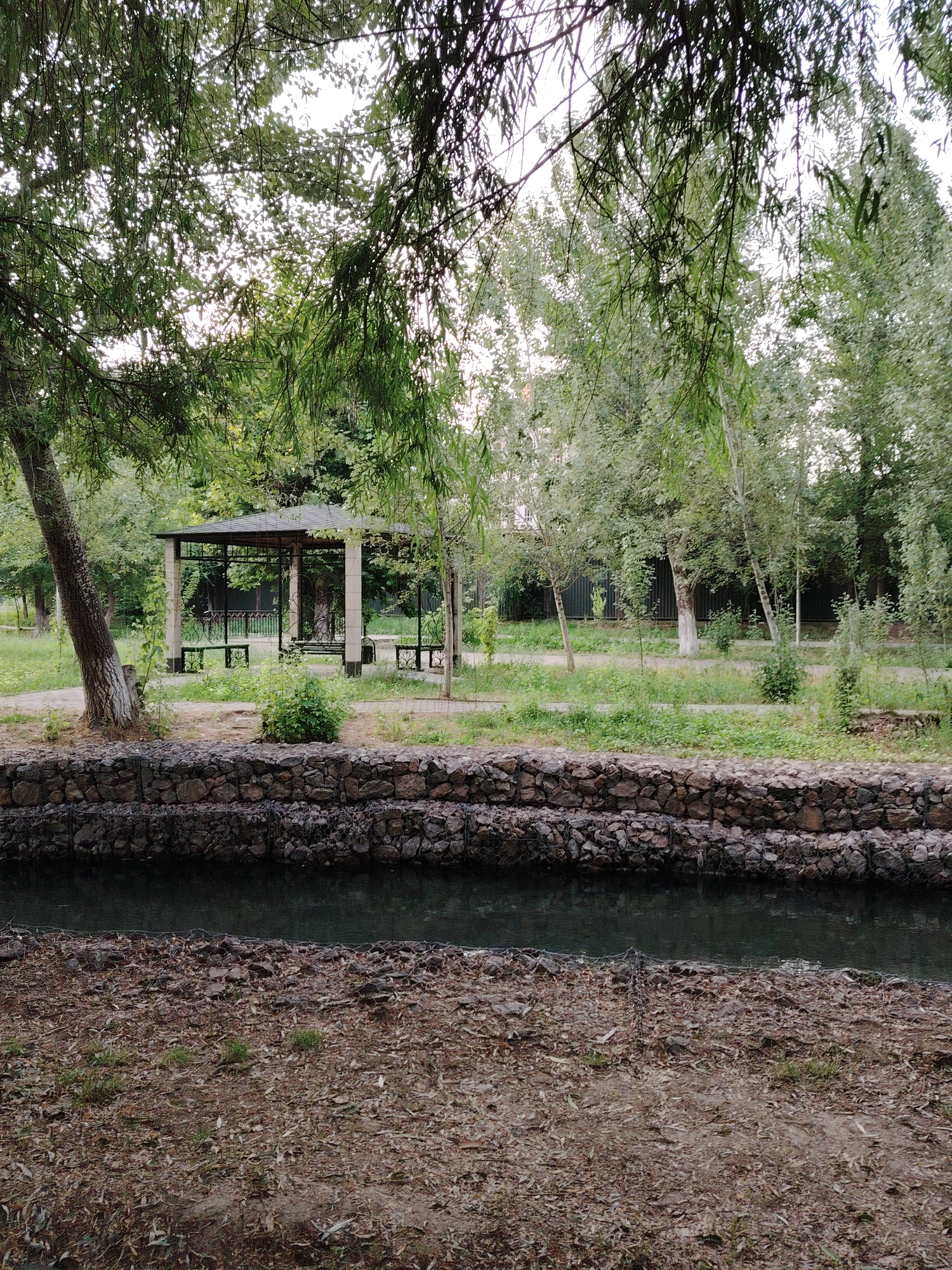 This media file depicts a serene park scene, likely in Shymkent, Kazakhstan. The foreground is dominated by the bank of a narrow, dark waterway, its edge reinforced with a gabion wall constructed from large, rough stones encased in wire mesh. The opposite bank of the waterway is also lined with a similar stone wall. The ground beyond the wall is covered with a mixture of dry leaves, soil, and sparse green grass.
Further back, a paved pathway winds through the park, leading towards a gazebo. The gazebo is an open-sided structure with a dark roof supported by thick, white pillars. Inside the gazebo, benches are visible, suggesting it's a place for rest and relaxation. The area around the pathway and gazebo is lush with greenery, including grass, bushes, and trees.
The trees are varied; some have slender trunks and light green leaves, while others are more mature with thicker trunks and a fuller canopy. The branches of a large tree in the foreground, with its weeping foliage, partially obscure the view of the sky, creating a dappled light effect. Behind the gazebo and trees, a dark metal fence is visible, suggesting the boundary of the park.
The overall impression is one of a quiet, possibly late afternoon or early morning setting, given the soft, diffused light filtering through the leaves. The atmosphere feels peaceful and natural, with no people visible in the frame, emphasizing the tranquility of the park. The weather appears to be mild, conducive to enjoying the outdoors. There is no visible text in the image.