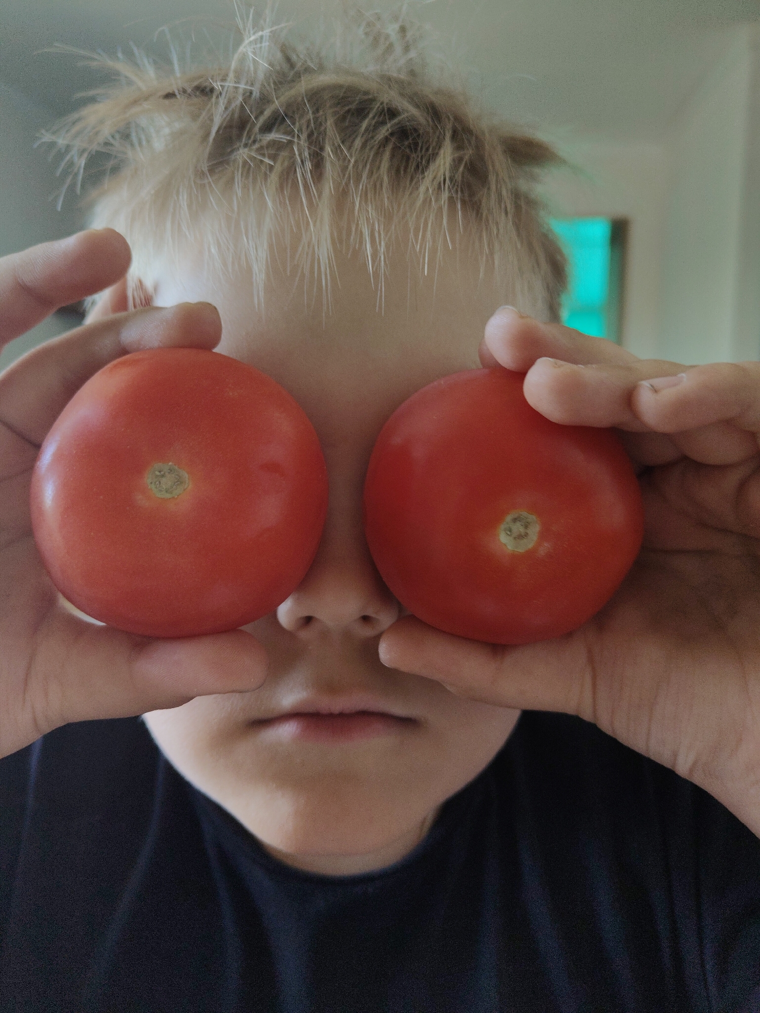 A child with blond hair holds two red tomatoes up to their face, obscuring their eyes. The child's nose and mouth are visible between the tomatoes. The child is wearing a dark shirt. The background is blurry and out of focus. The location appears to be indoors. The city is Unknown, Unknown.