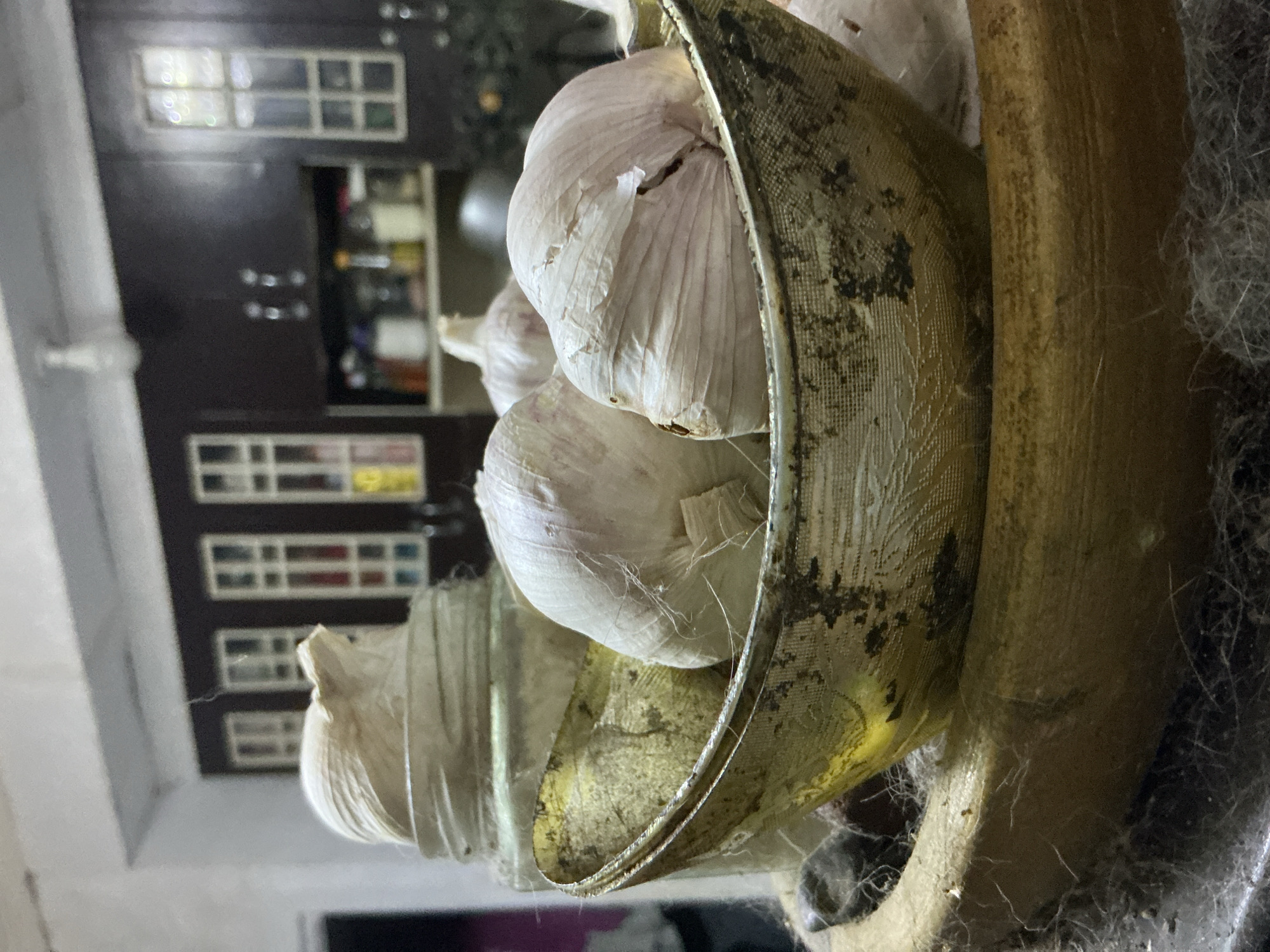 The image displays a close-up view of several heads of garlic placed in a rustic bowl. The bowl appears to be made of metal, with a decorative, textured pattern and visible signs of age and wear, including dark stains and some fraying around the rim. The garlic heads are predominantly white with papery skins, some showing dried roots. Behind the bowl, a clear glass jar is visible, also containing garlic. In the background, a dark wooden cabinet with multiple rectangular window-like panels is present, suggesting a kitchen or pantry setting. The overall lighting is dim, with a light source overhead creating subtle highlights and shadows. There are no people visible in the image. The scene is not identifiable as being in Davao City, Philippines.