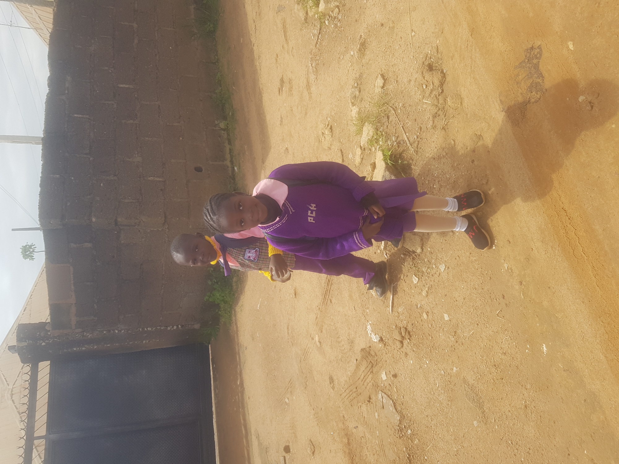 Two young children, a boy and a girl, are standing on a dirt road in front of a brick wall and a large metal gate. The boy, on the left, is wearing a school uniform that includes a plaid vest over a pink shirt and purple pants. He has a yellow collar and is carrying a small item in his hand. The girl, on the right, is wearing a purple school uniform with a light pink collar. She has a backpack on her shoulders and her hair is styled in braids. Both children are looking at the camera. The ground is covered in dirt and sand, with some scattered rocks and dry grass. The sky is overcast. The scene appears to be in a residential area or school vicinity in an unknown city.