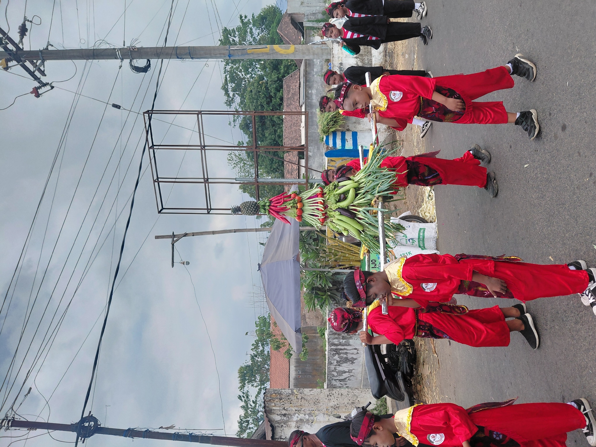 In Bimo, Indonesia, a group of young boys in red traditional attire are participating in a procession. They are carrying a structure adorned with various vegetables and fruits, including long green gourds, chili peppers, tomatoes, and a pineapple at the top, all arranged in a conical shape. The boys are walking on a paved road, with a motorcycle parked to their left. In the background, houses and trees are visible, as well as overhead electrical wires and poles, typical of a street scene in a residential area. The sky is overcast, suggesting cloudy weather. Some of the boys are also wearing headbands and sashes.