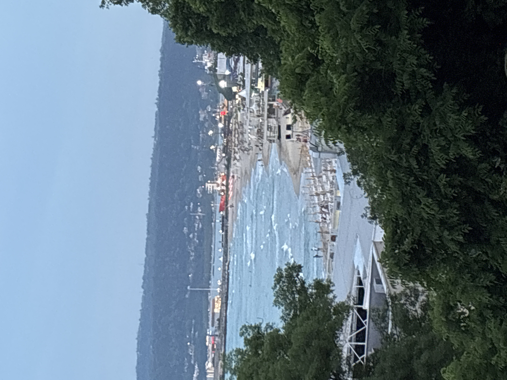 This image captures a panoramic view of a coastal scene, likely Varna, Bulgaria, during dusk or early evening. The perspective is from a slightly elevated position, looking down towards a beach, the sea, and a distant forested hillside.
In the foreground, lush green foliage from trees or bushes occupies the right side and bottom right corner, partially framing the view. Behind this foliage, a white-roofed building with dark walls is partially visible on the far right.
The midground features a wide sandy beach lined with numerous white sun loungers and umbrellas, suggesting a resort area. Artificial lights along the beach and from various buildings illuminate the scene, indicating the fading daylight. A distinctive red object, possibly a large umbrella or flag, stands out on the beach. The sea, appearing light blue with some white ripples or gentle waves, stretches into the distance. Lights from structures, potentially piers or coastal establishments, reflect on the water.
In the background, a long, dark, and heavily forested hillside or mountain range runs parallel to the coastline. Scattered artificial lights are visible along the base and slopes of the hill, hinting at urban development or residences. The sky above is a soft, light blue, consistent with twilight conditions, providing a gentle contrast to the illuminated coastline.
There are no discernible people or visible text in the image. The overall impression is one of a tranquil coastal resort transitioning from day to night.
