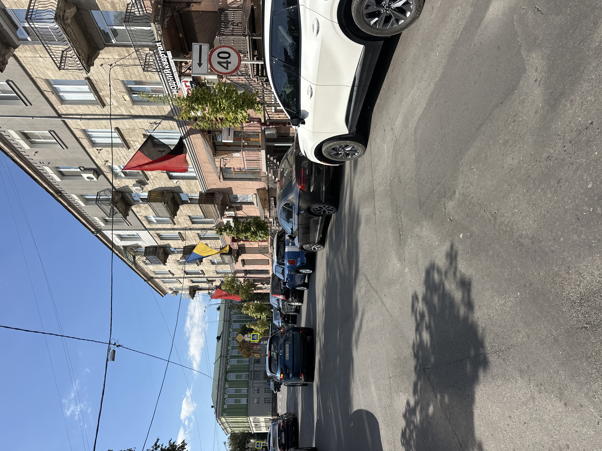 The image depicts a street scene in Ternopil, Ukraine, on a sunny day. Cars are parked and driving along a paved road lined with buildings. The buildings have multiple stories with balconies and windows, and some display flags, including the Ukrainian flag (blue and yellow) and a red and black flag. A sign with "40" indicates a speed limit. A large green building is visible in the background. The overall impression is that of a typical urban environment.