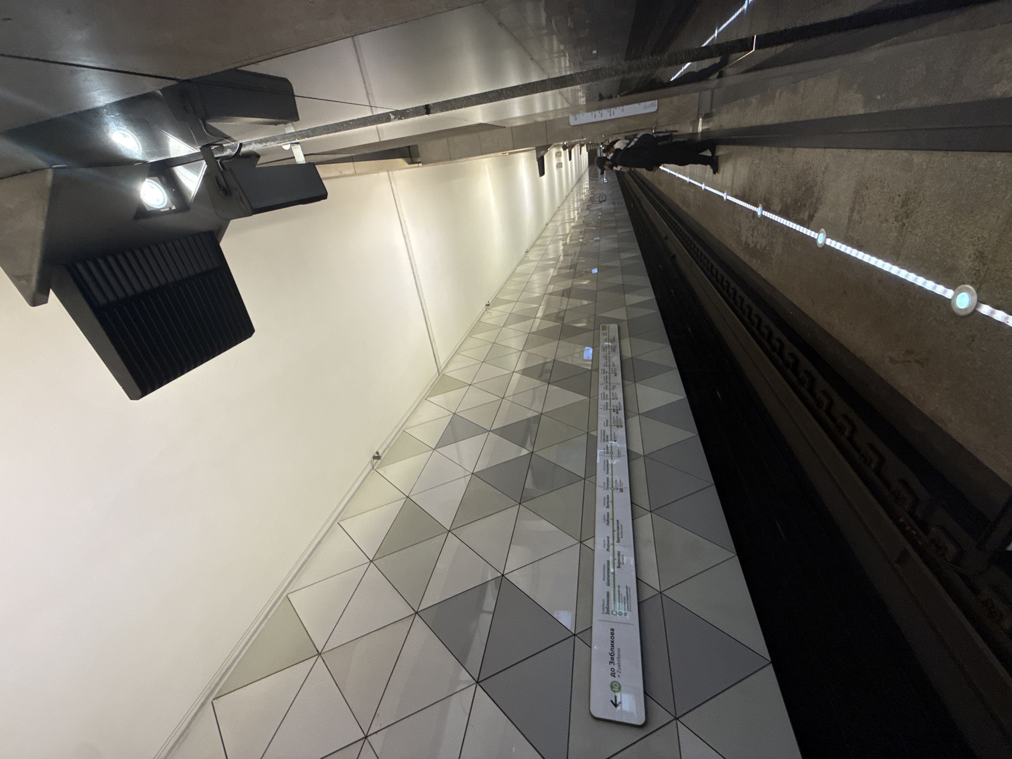 The image depicts the Zyablikovo metro station in Moscow, Russia. The camera is positioned at an angle, looking down the platform. On the left is a white wall with a geometric pattern of gray and white triangles. A sign with station names along the line is affixed to this wall. Overhead are lighting fixtures and ceiling structures. On the right, there are train tracks with a walkway next to them, and a person is walking in the distance.