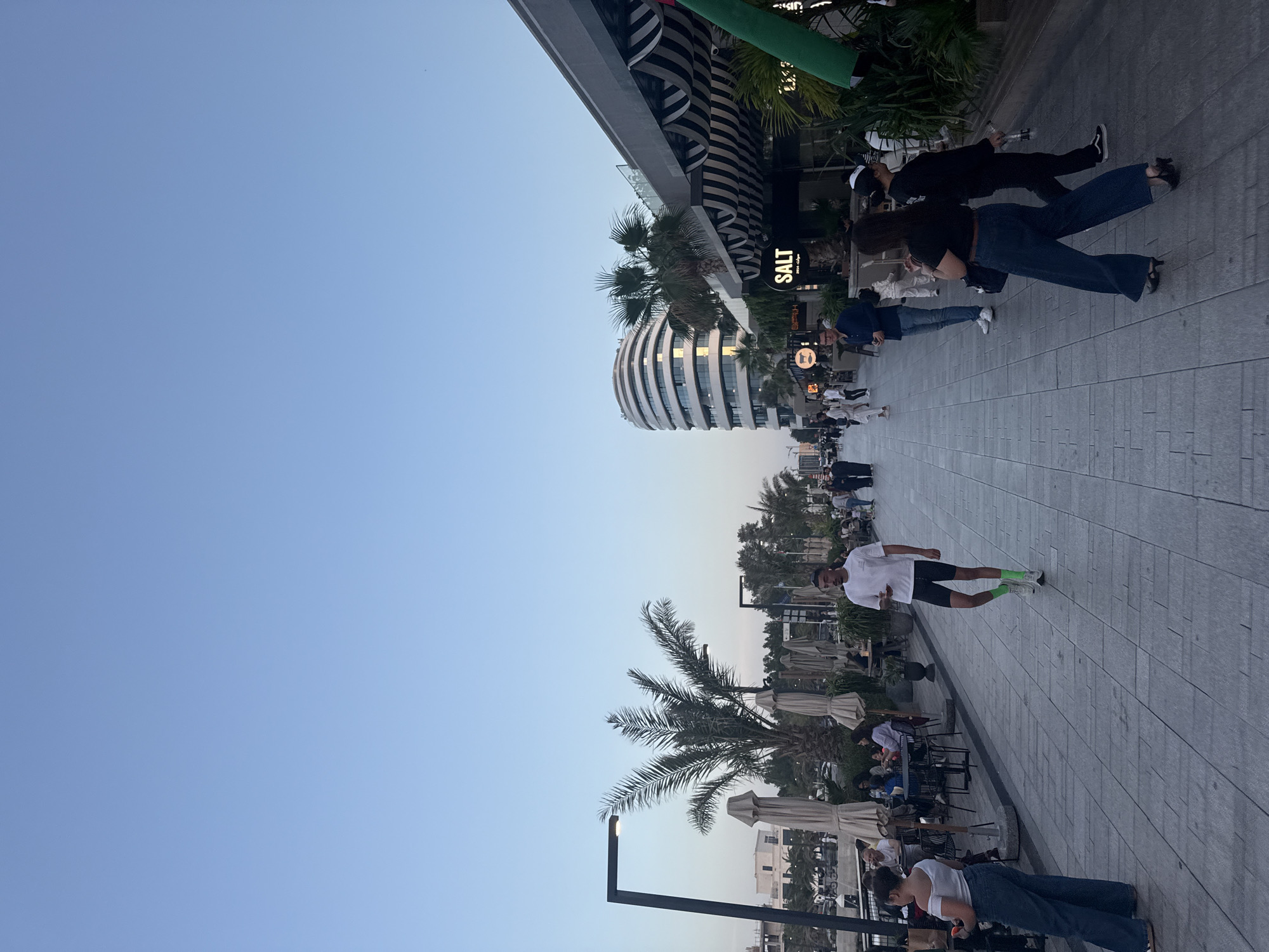This image depicts a street scene in Dubai, United Arab Emirates. People are present, either walking or sitting at outdoor cafes. Palm trees and modern buildings line the street. "SALT" is visible on the facade of one building. The sky is a clear blue.