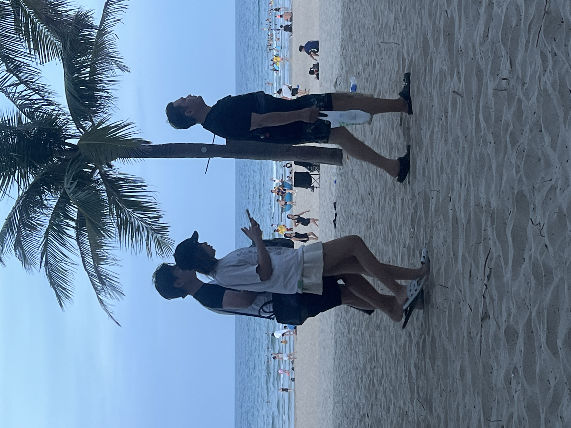 The image depicts a beach scene, likely in Đà Nẵng, Vietnam, during what appears to be late afternoon or early evening due to the dim lighting and soft sky. In the foreground, three individuals are walking on the sand. The person on the left, a male, is wearing a dark t-shirt and dark shorts, with a dark bag slung over their shoulder. Next to him, a female is wearing a light-colored t-shirt and a light-colored skirt, and is looking at her phone. To the right of them, another male is walking in a black t-shirt and patterned shorts, carrying a white plastic bag.
Behind the foreground figures, the beach extends to the ocean, where numerous people are visible. Some are in the water, while others are sitting or standing on the sand. A prominent palm tree with its fronds fanning out is situated to the left of the frame, partially obscuring the sky. The overall atmosphere suggests a relaxed, recreational setting.