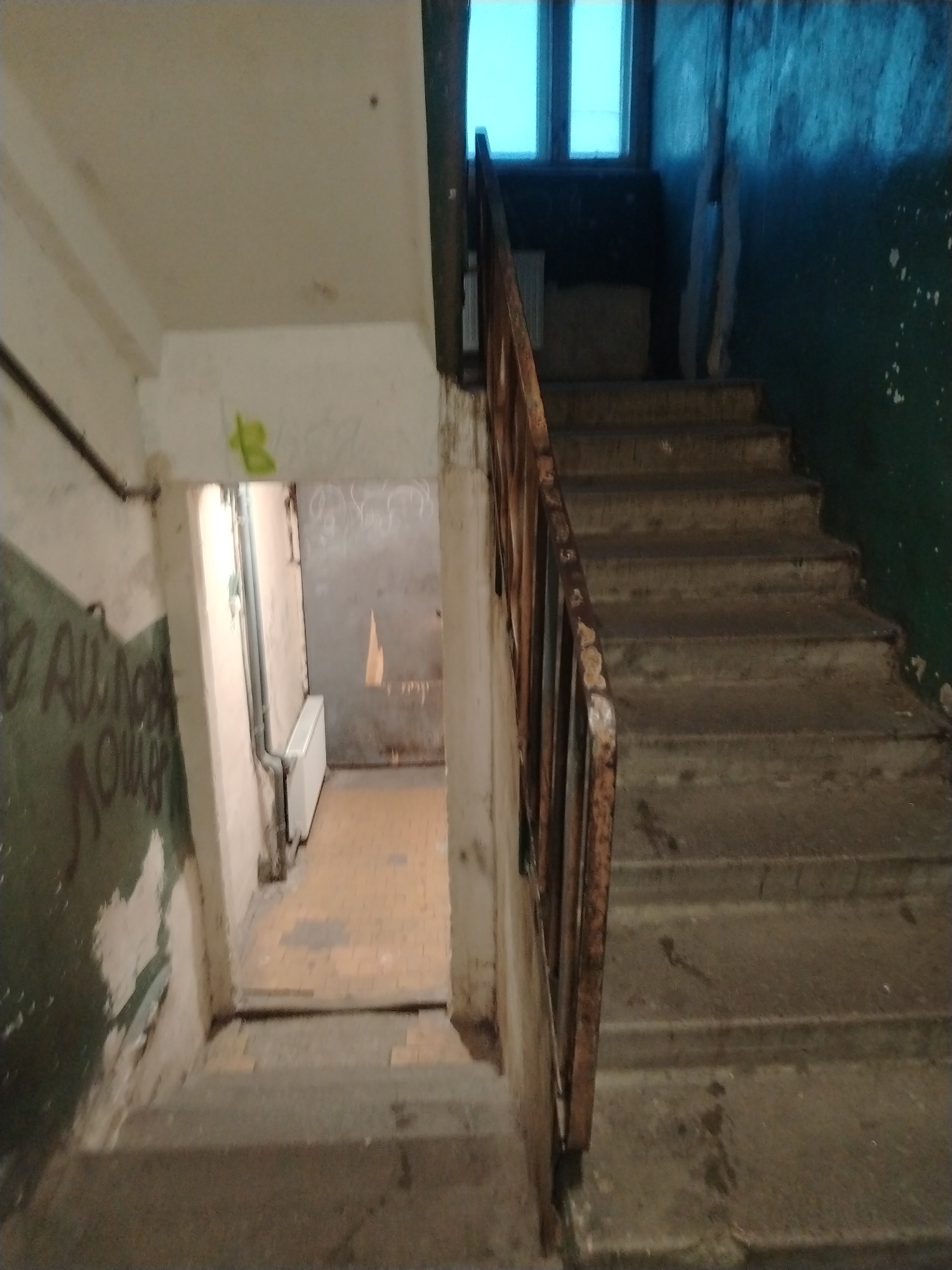 The image shows an indoor stairway in Vyborg, Russia, with a focus on concrete stairs and a rusty railing. The walls are painted in a dark, possibly green, color and appear worn and dirty. Graffiti is visible on some of the walls. To the left, there is an open doorway leading to another area with a tiled floor and a radiator. The lighting is dim, with light coming from a window at the top of the stairs. The overall scene suggests a neglected or older building.