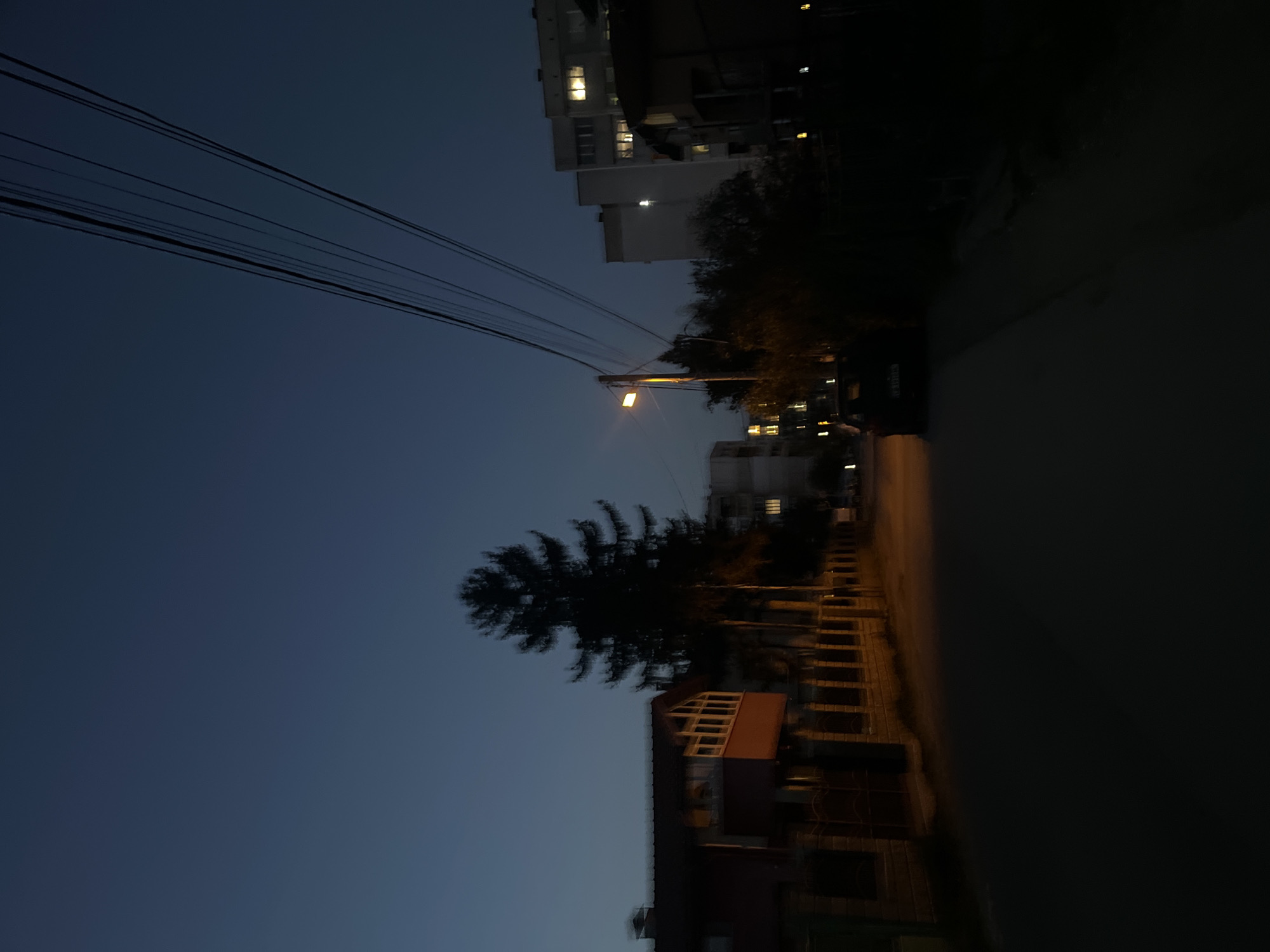 The image depicts a street scene at dusk in Sofia, Bulgaria. Electrical wires are visible against a dark blue sky. A lit streetlamp illuminates a road with sidewalks, adjacent to buildings and trees. One building has illuminated windows. A dark car is parked on the side of the road. The general atmosphere suggests an urban residential area during the evening.