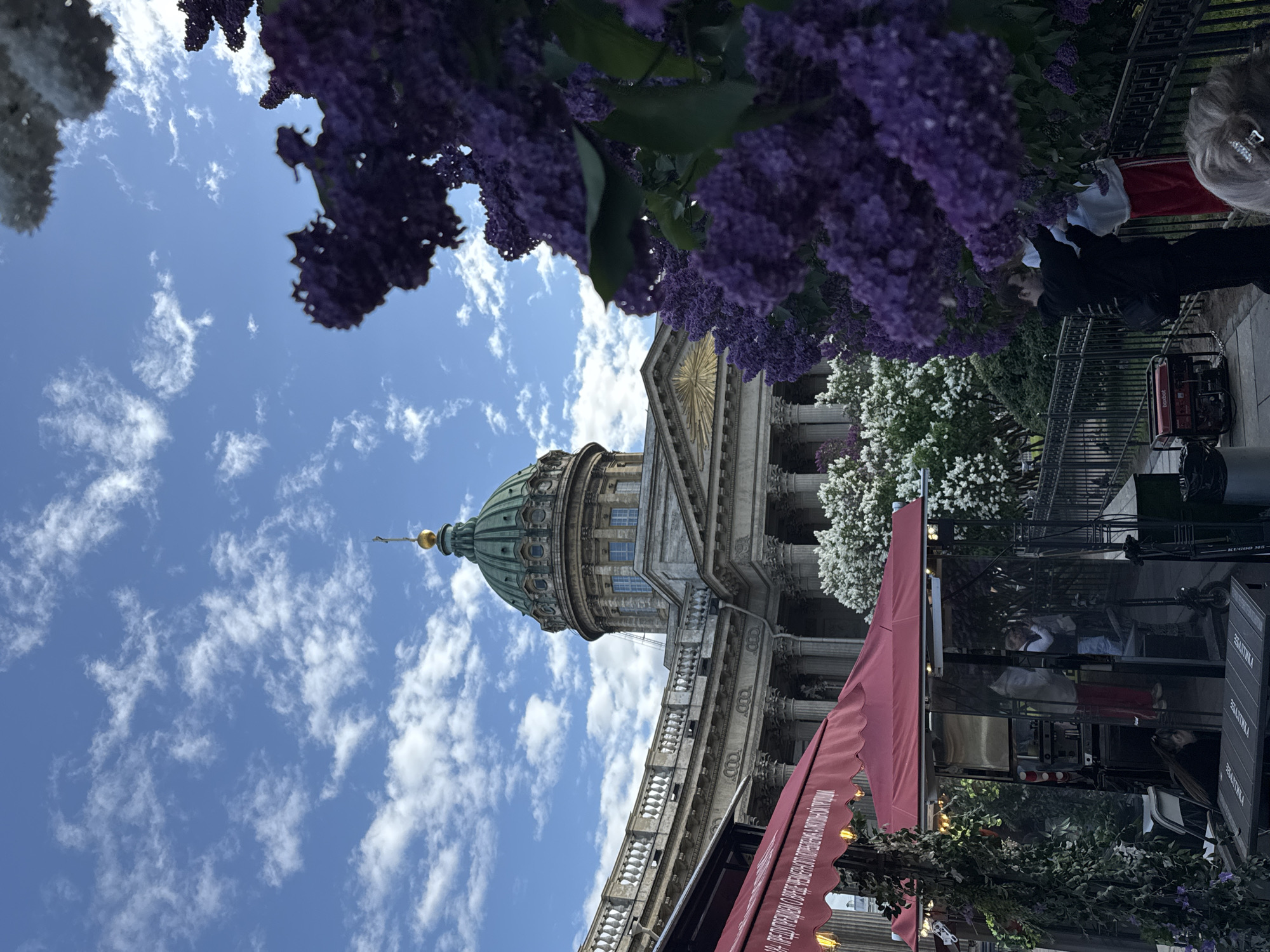 The image captures a view of the Kazan Cathedral in Saint Petersburg, Russia, through the branches of lilac bushes. The cathedral's green dome and classical facade are visible against a blue sky dotted with white clouds. A red awning and other commercial structures are situated in front of the cathedral. People are present in the scene.