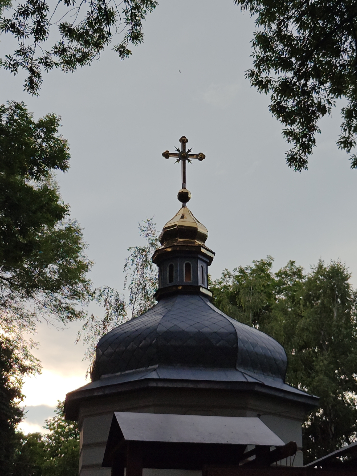 A low-angle, medium shot captures a portion of a church or chapel dome topped with a golden cross. The dome is dark gray and has a scaled pattern. A golden, octagonal section is visible just below the cross, with small, arched window-like openings. The sky is overcast and a light gray. Green tree branches frame the top of the image. The image appears to be taken in Hadiach, Ukraine, given the context. There are no people visible in the image. The sun is setting, casting a warm glow on the sky and some of the trees.