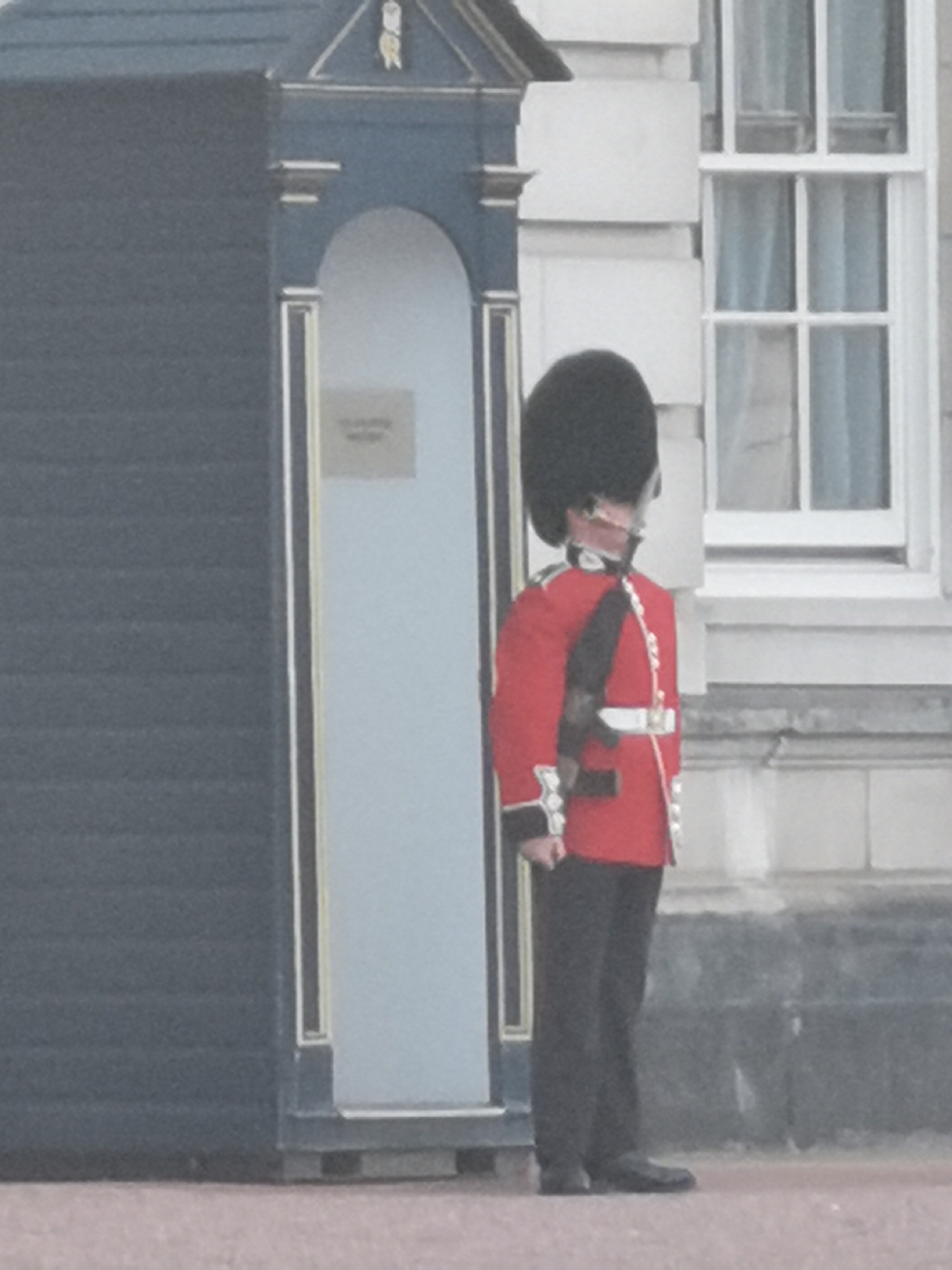 A ceremonial guard stands at attention next to a sentry box, likely at a royal residence in London, United Kingdom. The guard is dressed in a traditional uniform consisting of a tall, black bearskin hat, a bright red tunic adorned with white and gold details on the cuffs and front, black trousers, and black shoes. A white belt is visible around the waist, and a black strap, possibly part of a rifle sling, crosses the chest.
The guard is positioned to the right of a dark blue or grey sentry box, which has gold or yellow trim outlining its structure, an arched opening, and a small decorative pediment at the top featuring a crest. Inside the archway of the sentry box, a small, light-colored rectangular sign with faint, unreadable text is visible.
Behind the guard and sentry box is a light-colored building, possibly of stone, with several white-framed windows. Light-colored curtains are visible through the window panes. The ground beneath is a light reddish-brown paved surface. The lighting appears soft and diffused, indicating it is daytime, possibly under an overcast sky, with no harsh shadows present. The overall scene depicts a formal military duty in a historic setting.